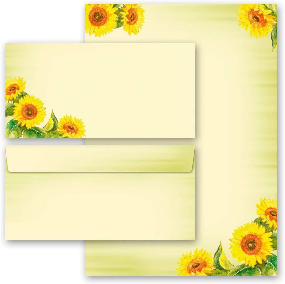 Ensemble complet de 20 pièces Fleurs & Pétales, TOURNESOLS 10 feuilles de papier à lettres et 10 enveloppes DIN LONG sans fenêtre | Papier-Support – Image 2