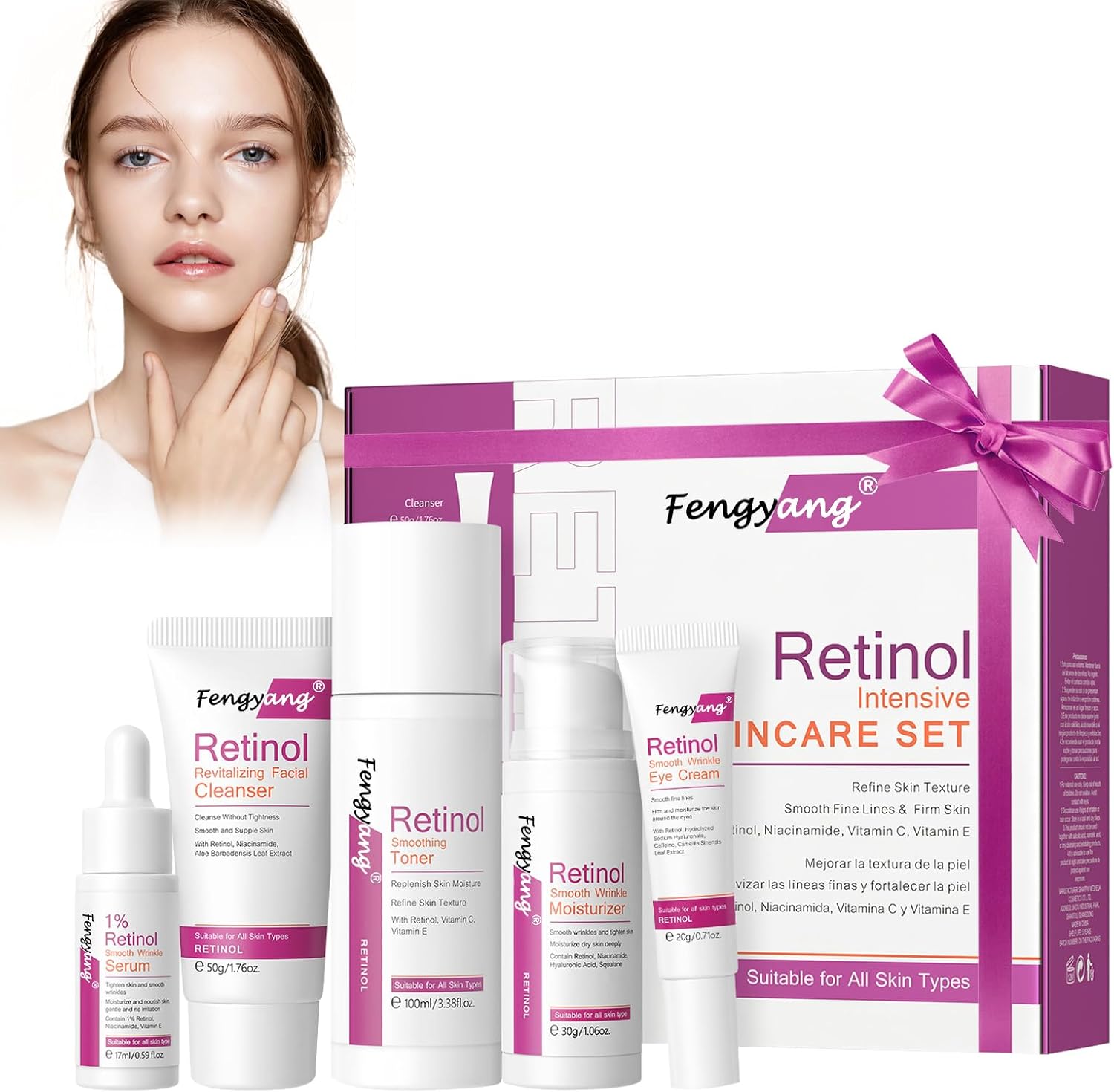 Fengyang 5 pièces pour kit hydratant et nettoyant pour la peau, ensemble de soins de la peau au rétinol, coffret cadeau pour filles et femmes, kit de routine de soins de la peau – Image 2