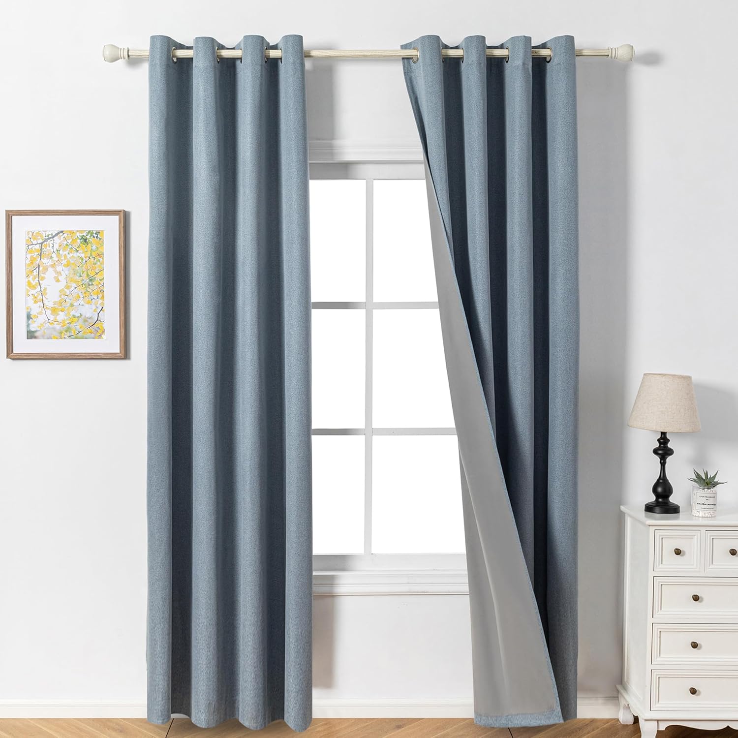 MYSKY HOME Rideau Occultant Thermique 140 x 245 cm (L x H) Bleu Brouillard pour Chambre Salon 30% Lin Opaque avec Oeillets Draperies Anti Chaleur Froide Rideaux de Décoration Lot de 2 – Image 2