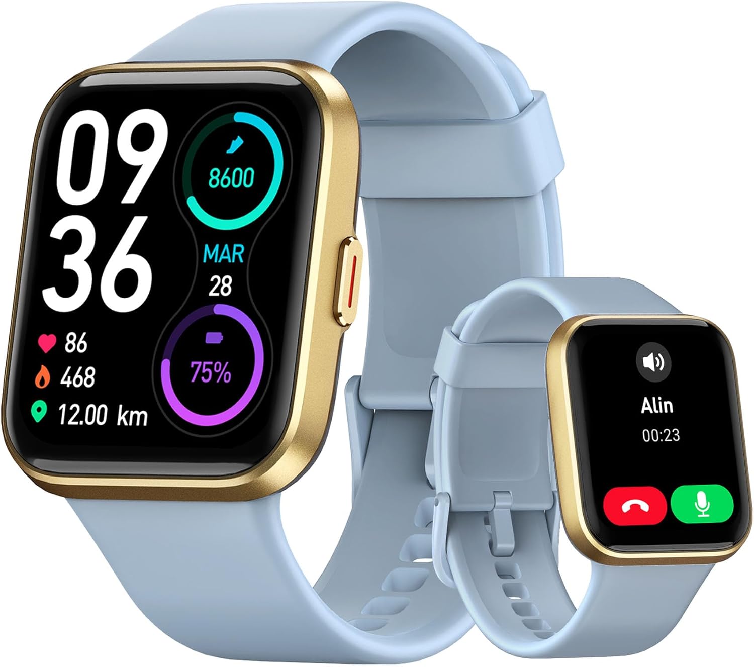 Montre intelligente pour femme 1,85 pouces Montre intelligente pour homme pour Samsung iPhone Android, Alexa intégré 3ATM 100+ modes sportifs SpO2/Sommeil/Fréquence cardiaque/Podomètre/Calories Bleu clair – Image 2