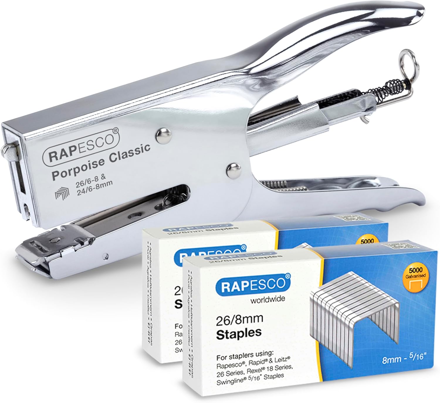 Rapesco 1298A Pince agrafeuse marsouin classique et 10 000 agrafes type 26/8 mm, capacité 45 feuilles, chromée – Image 2