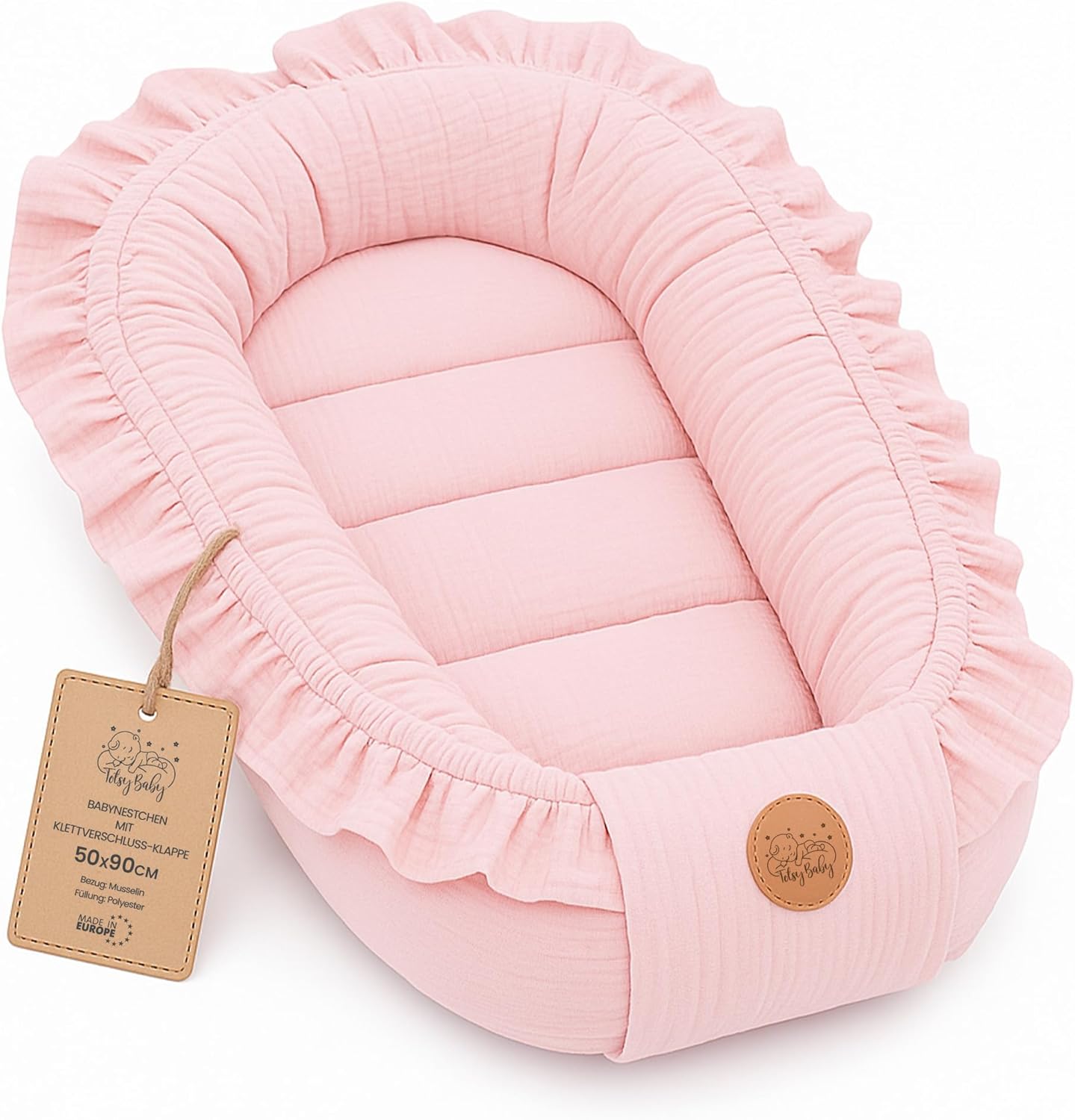 Réducteur de lit bébé en mousseline 90 x 50 cm en coton cocon polyvalent pour nid de bébé couffin et couffin nouveau-né idéal pour le transport parfait pour les filles et les garçons rose poudré – Image 2