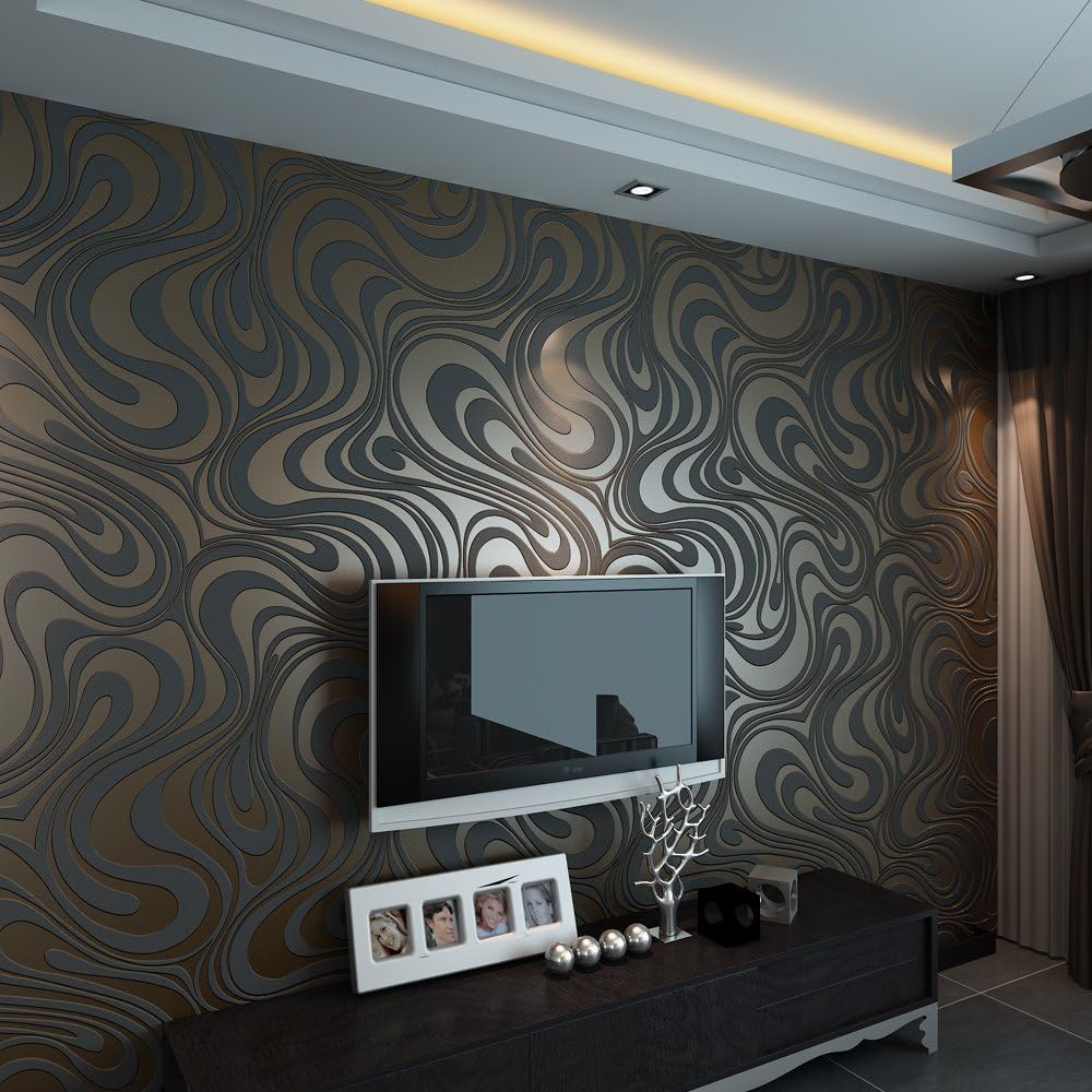 Rouleau de papier peint ondulé rayé abstrait 3D moderne non collé pour salon chambre à coucher couleur marron noir 0,7 m (2,29' de largeur) x 8,45 m (27,56' de longueur) = 5,88 ㎡ – Image 2