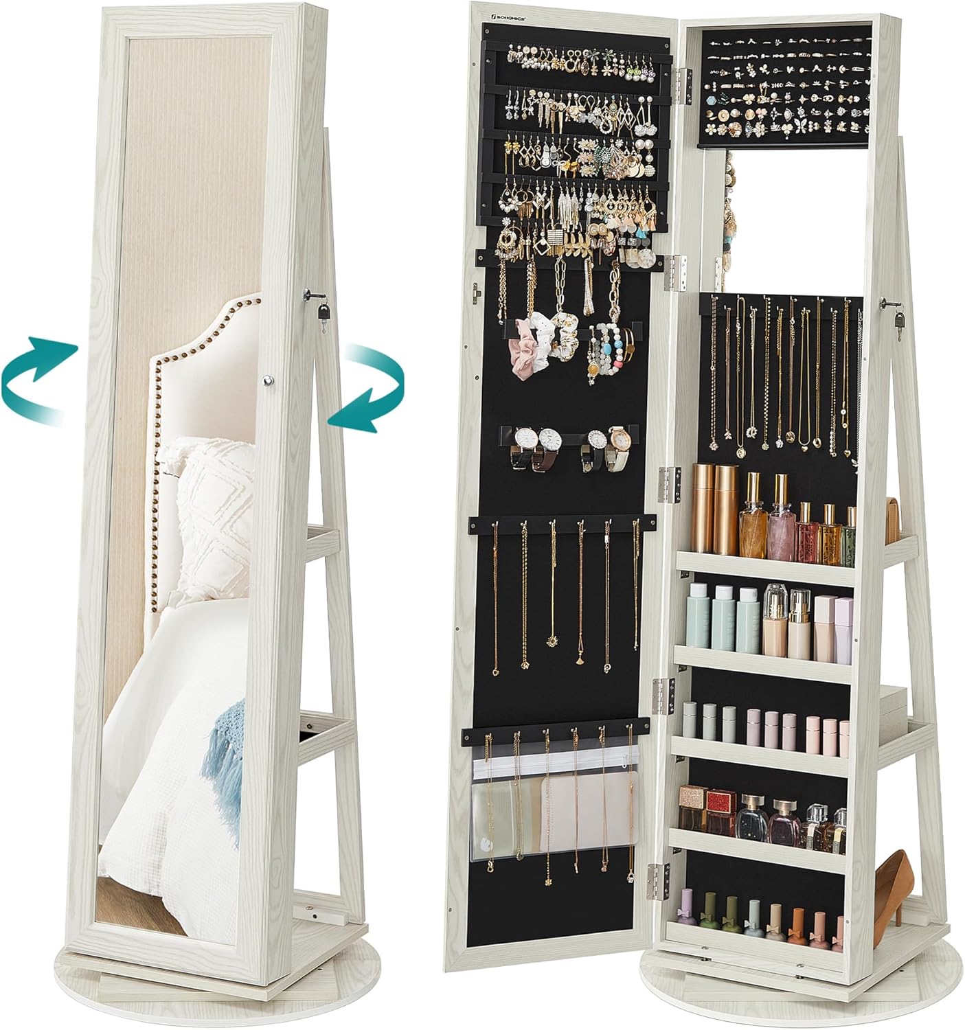 SONGMICS Armoire à bijoux avec miroir pleine longueur, pivotante à 360°, étagère de rangement, verrouillable avec clés, pour chambre à coucher, bois grisâtre blanc JBC62W – Image 2
