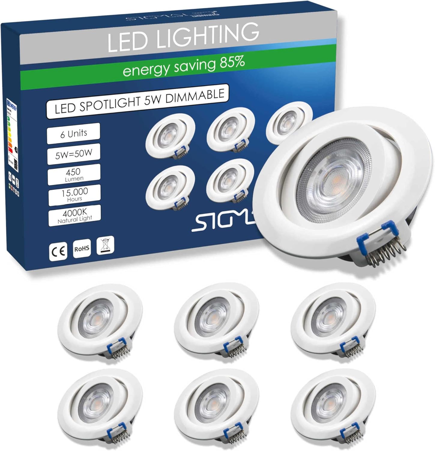Sigmaled Lighting, 6 Spots Encastrables LED, 5 W, Intensité Variable, 450 Lumens, Lumière Neutre 4000 K, Spot de Plafond Orientable, Extra Plat, Intensité Variable, Cuisine, Salon, Intérieur, 220 V 230 V, Trou – Image 2