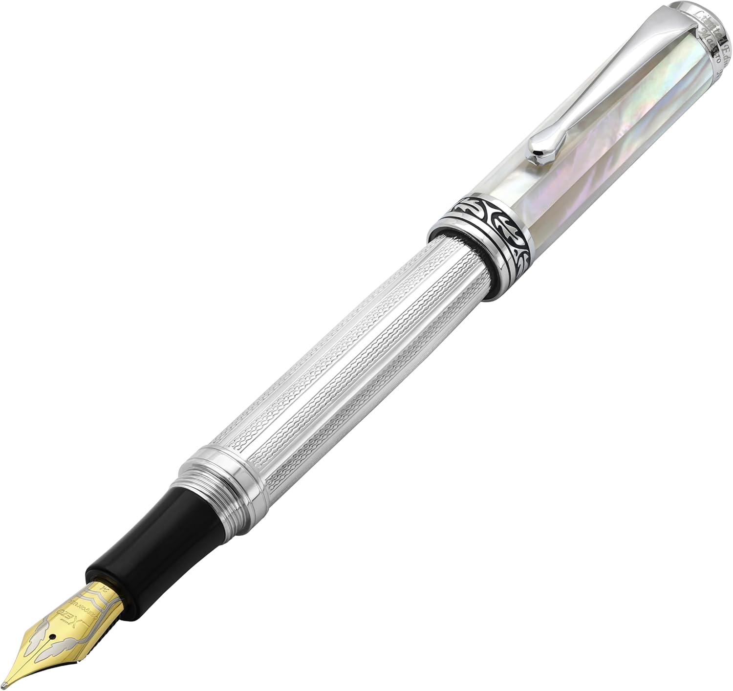 Stylo plume Xezo Maestro, pointe moyenne-fine (ligne 0,45 mm), argent sterling 925 et nacre blanche, fait à la main, sérialisé – Image 2