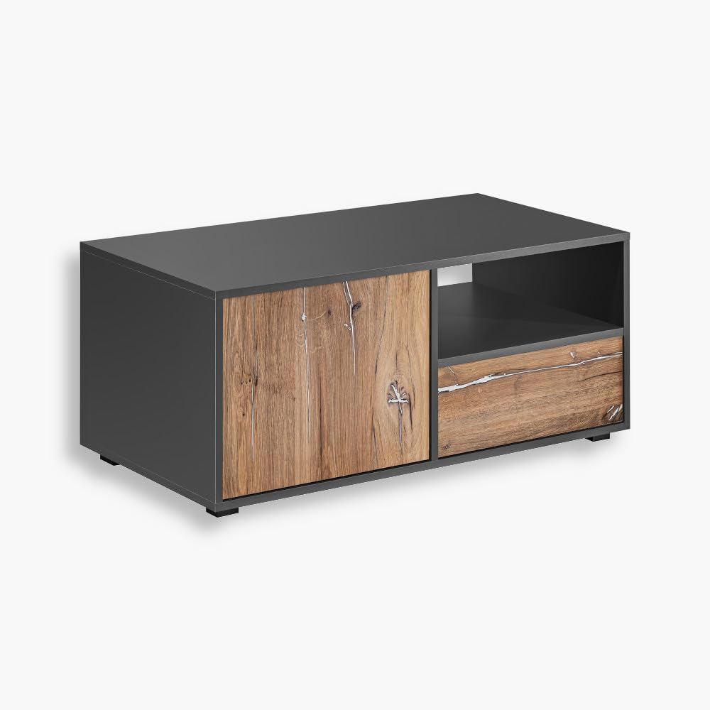 Table basse Orvieto, chêne anthracite noir, portes, pieds, étagère – Image 2