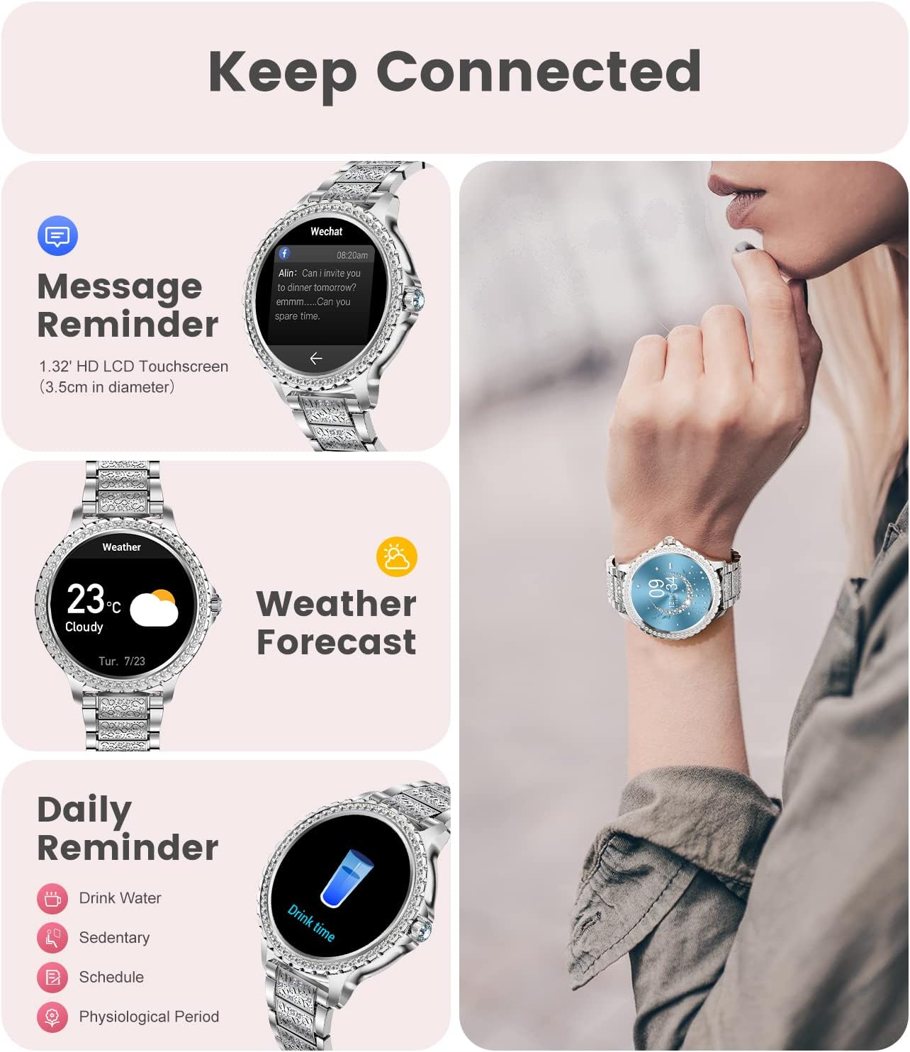 LIGE Montre intelligente pour femme avec appels Bluetooth, montre intelligente étanche avec diamant de 1,32 pouces avec 20 modes sportifs, podomètre, sommeil pour iOS et Android – Image 5