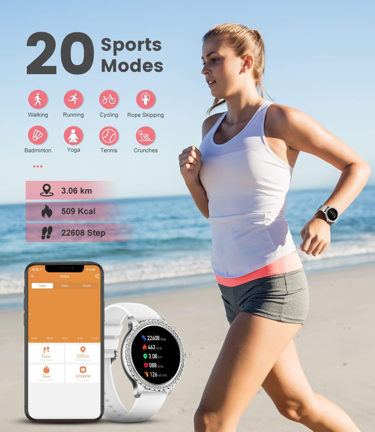 LIGE Montre intelligente pour femme avec appels Bluetooth, montre intelligente étanche avec diamant de 1,32 pouces avec 20 modes sportifs, podomètre, sommeil pour iOS et Android – Image 6
