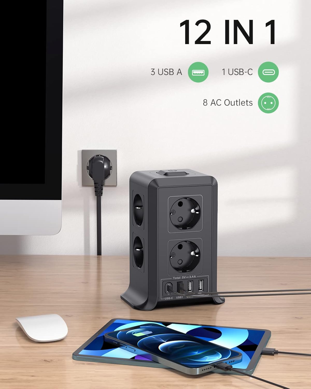Multiprise avec interrupteur, 8 prises et 4 USB (3 USB-A et 1 USB-C Max 5 V/3,4 A, parasurtenseur et surtension, câble de 5 m pour la maison et le bureau – Image 3