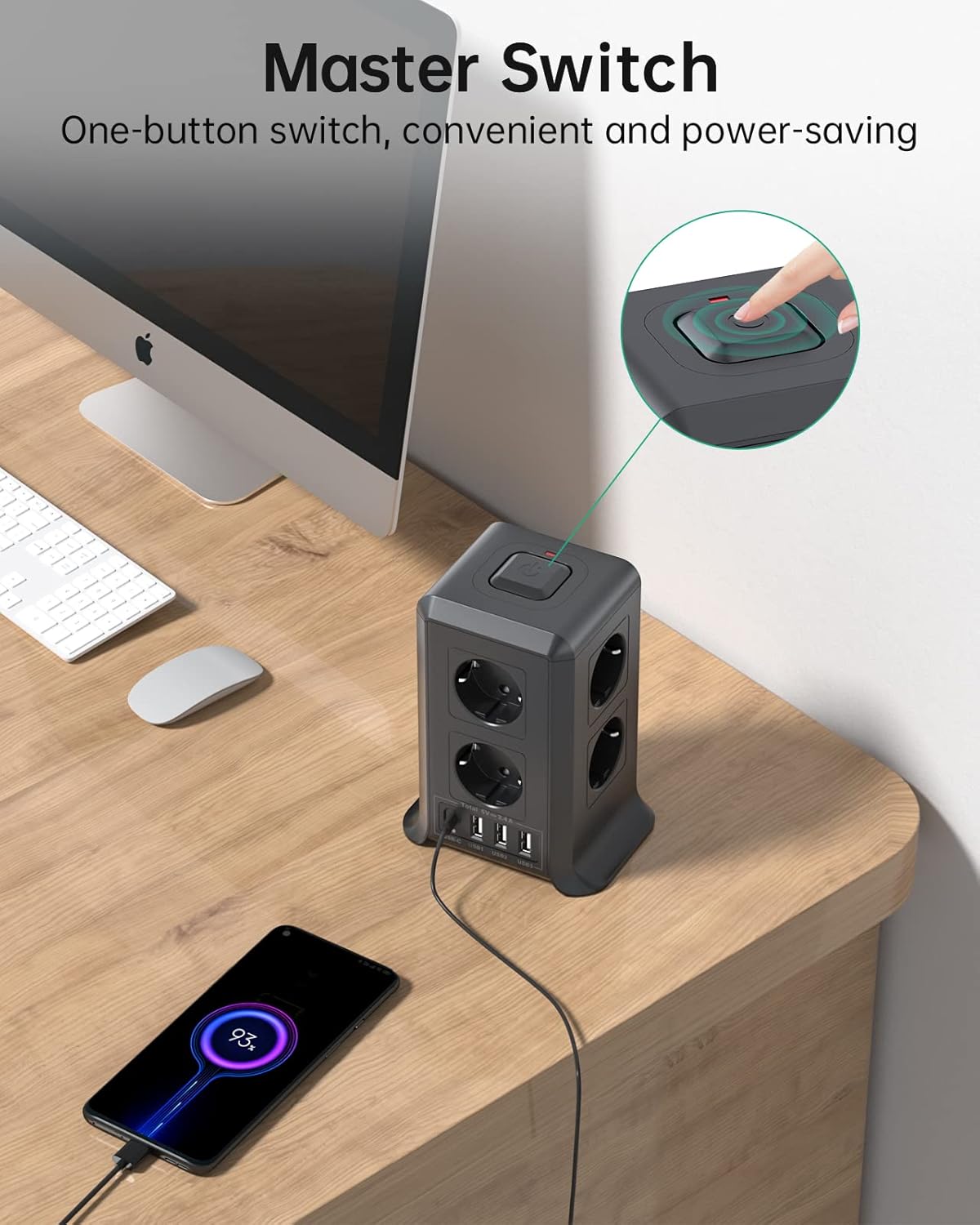 Multiprise avec interrupteur, 8 prises et 4 USB (3 USB-A et 1 USB-C Max 5 V/3,4 A, parasurtenseur et surtension, câble de 5 m pour la maison et le bureau – Image 4