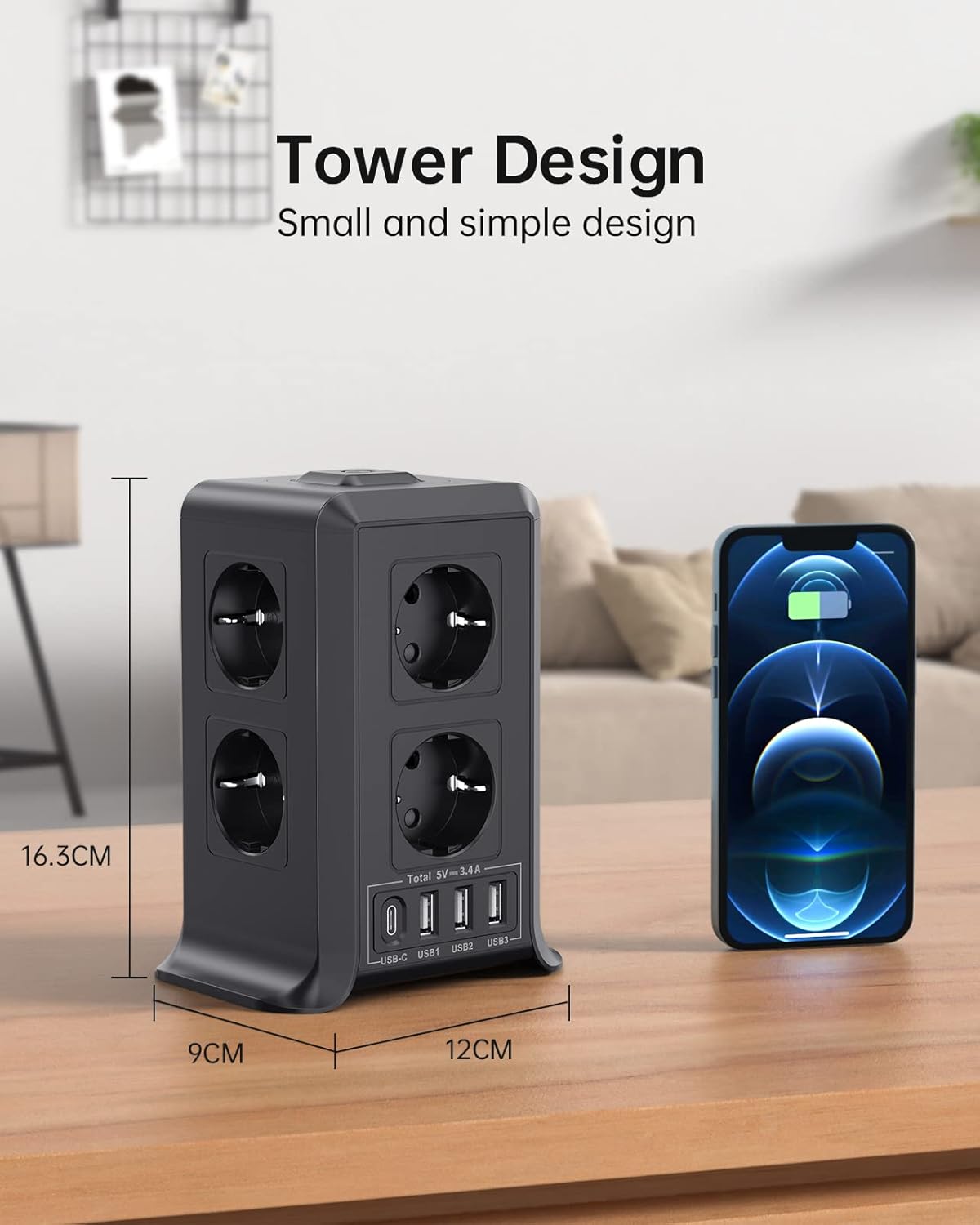 Multiprise avec interrupteur, 8 prises et 4 USB (3 USB-A et 1 USB-C Max 5 V/3,4 A, parasurtenseur et surtension, câble de 5 m pour la maison et le bureau – Image 7