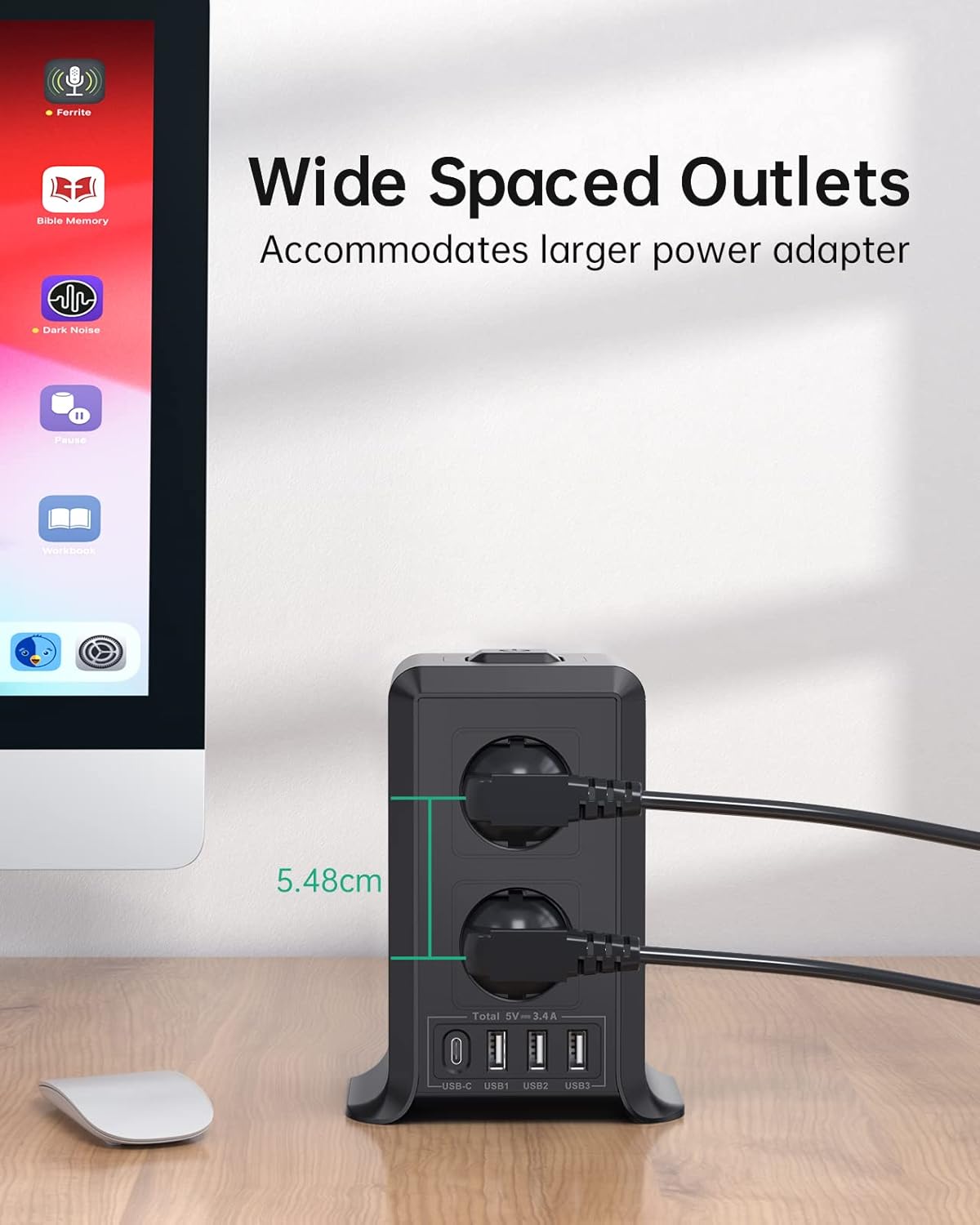 Multiprise avec interrupteur, 8 prises et 4 USB (3 USB-A et 1 USB-C Max 5 V/3,4 A, parasurtenseur et surtension, câble de 5 m pour la maison et le bureau – Image 8
