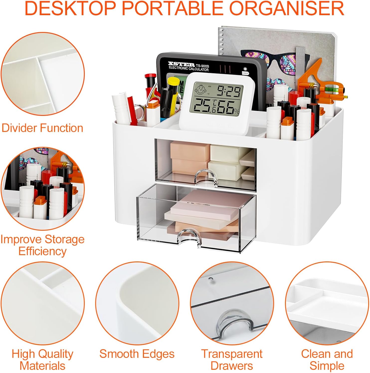 Organiseur de bureau, organiseur de bureau en plastique, organisateur de papeterie multifonctionnel, organiseur de bureau avec 5 compartiments et 2 tiroirs, pour bureau, école (blanc) – Image 6