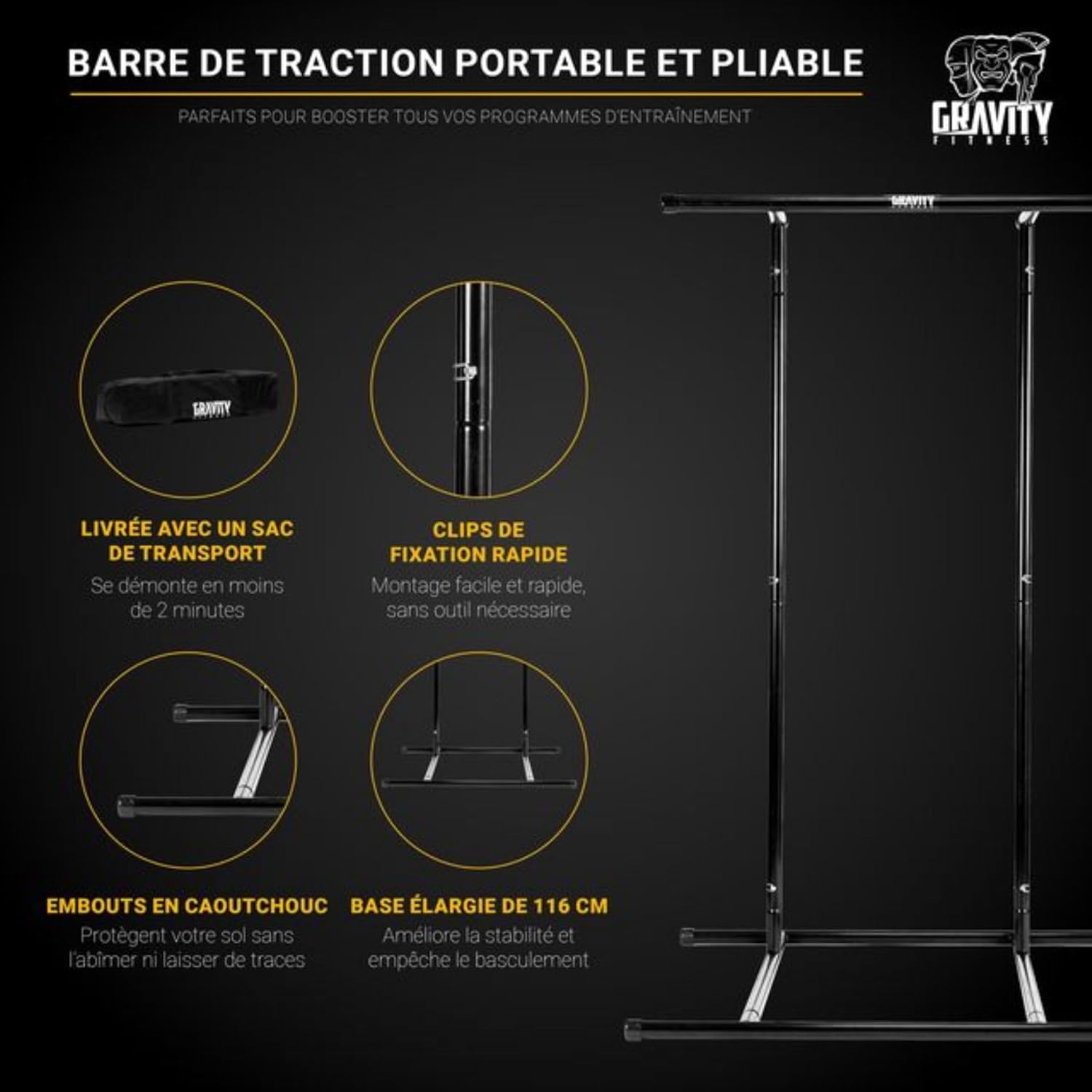 Gravity Fitness Barre de traction portable – Station de trempage réglable – Barre autoportante pour entraînement de calisthénie, musculation à domicile, poids corporel, gymnastique et fitness – Image 4