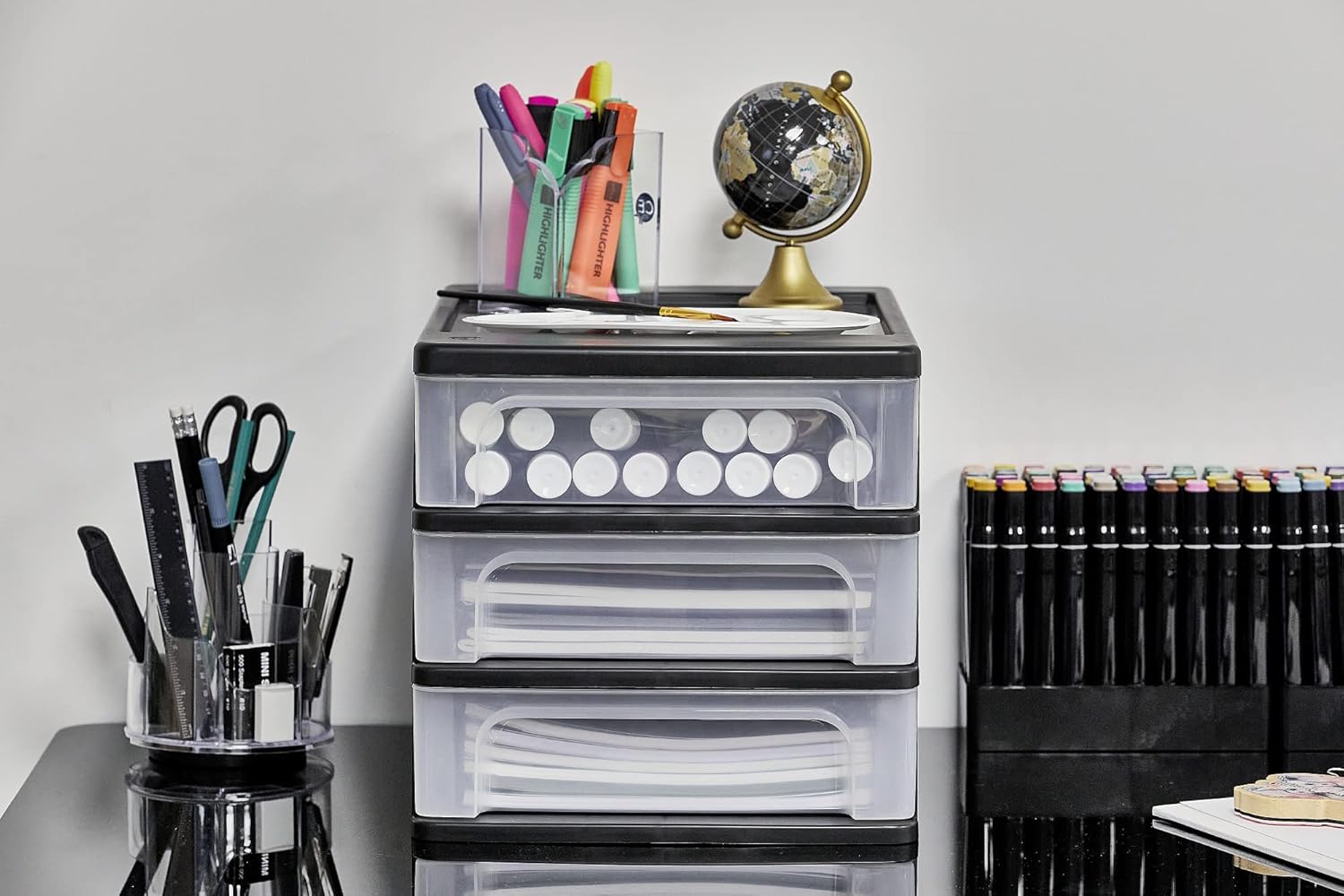 Iris Ohyama, OCH-2030 Tour de rangement en plastique avec 3 petits tiroirs, noir, ouverture facile, format A4, meubles, organisateur, pour bureau, fournitures scolaires, papeterie, sans BPA, OCH-2030 – Image 3