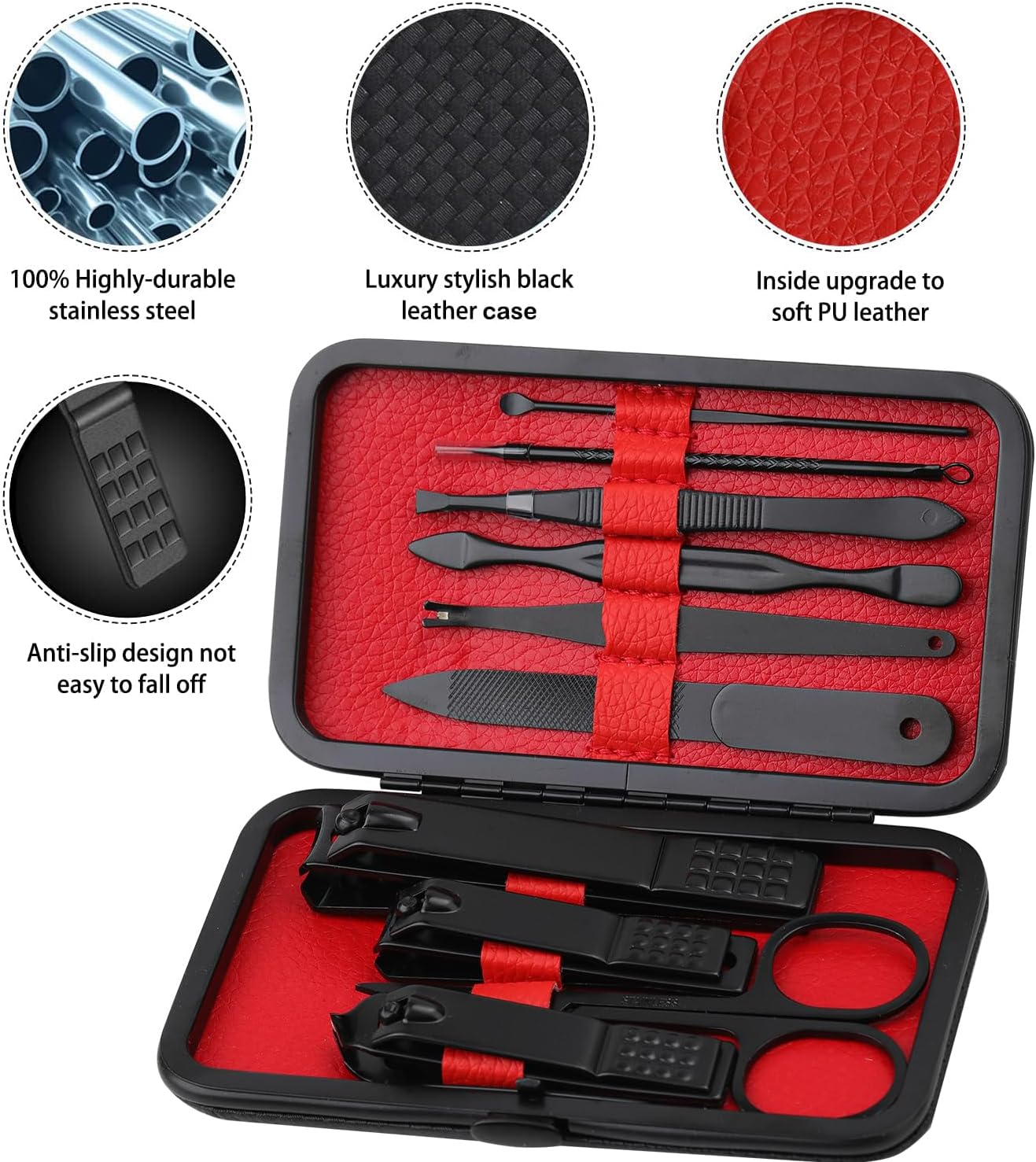 Kit de coupe-ongles de manucure 10 en 1, outils professionnels de soin des ongles en acier inoxydable avec étui de voyage en cuir noir – Image 4
