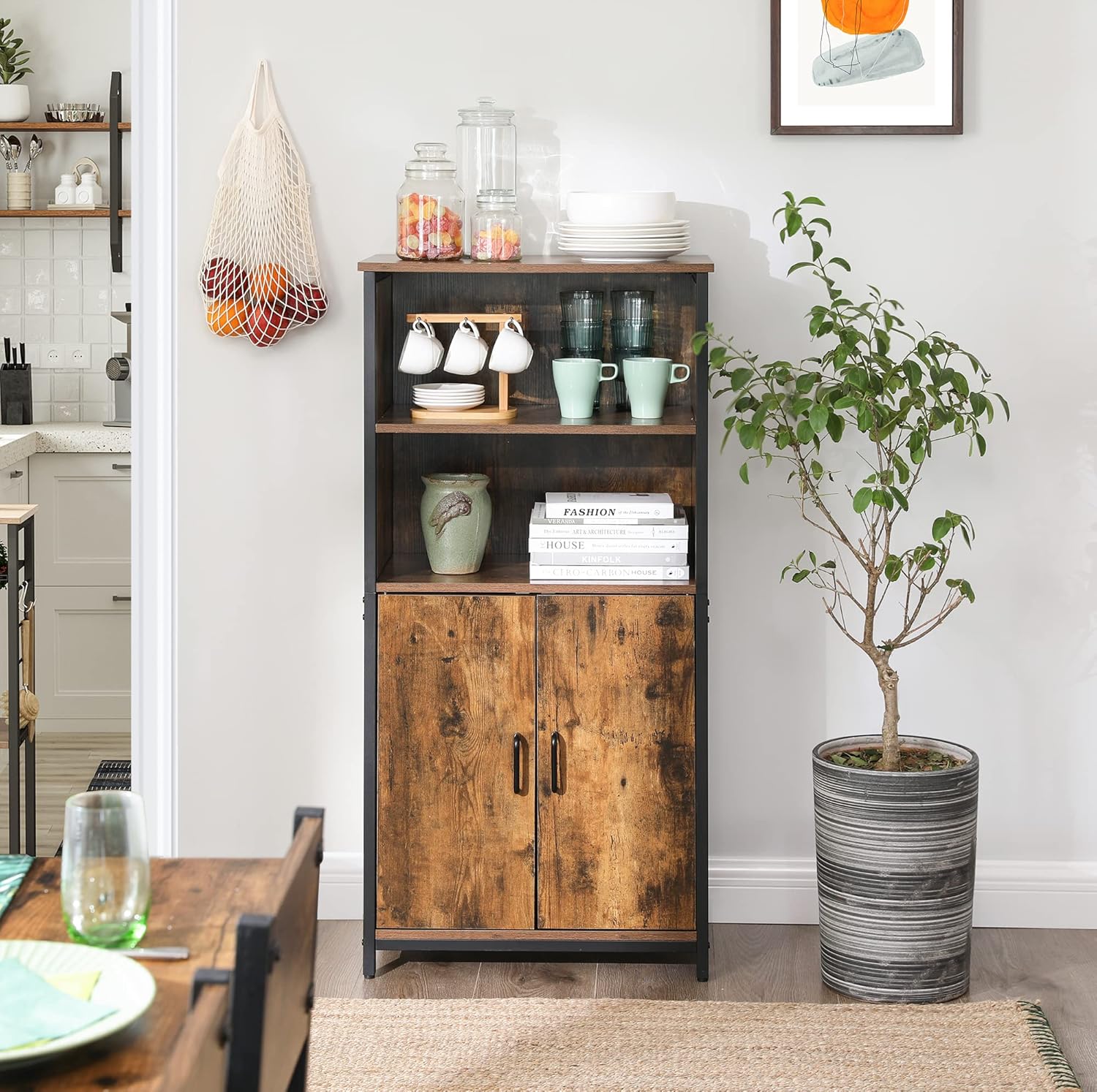 VASAGLE Meuble de Rangement, Buffet, Bibliothèque, 2 Compartiments Ouverts, Etagères Ajustables, Structure en Acier, pour Salon, Cuisine, Bureau, Marron Rustique et Noir LSC66BX – Image 9