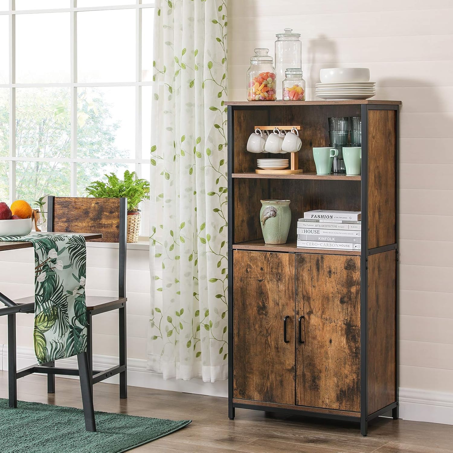 VASAGLE Meuble de Rangement, Buffet, Bibliothèque, 2 Compartiments Ouverts, Etagères Ajustables, Structure en Acier, pour Salon, Cuisine, Bureau, Marron Rustique et Noir LSC66BX – Image 10
