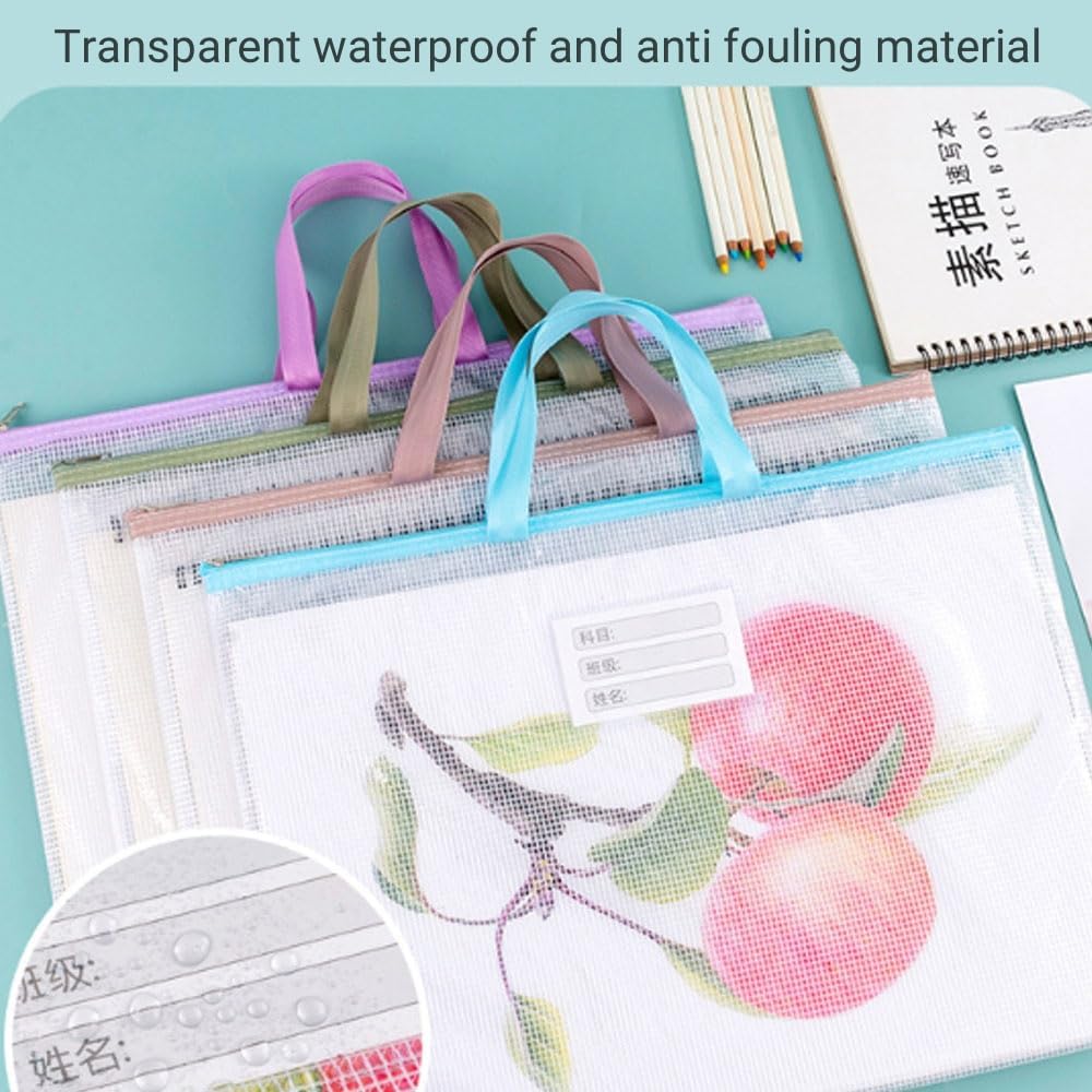 Paquet de 4 dossiers de documents à fermeture éclair en plastique A2, pochettes de rangement en maille pour fournitures scolaires et de bureau et accessoires de voyage – Image 5