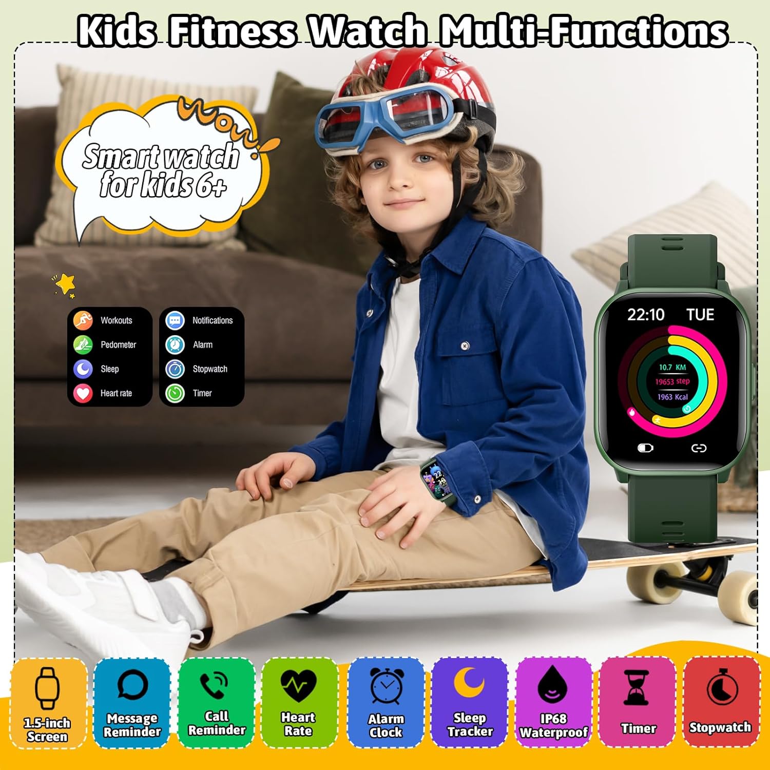Montre intelligente pour enfants, montre pour enfants, filles, garçons, 20 modes sportifs, podomètre, moniteur de sommeil, montre de sport pour enfants, cadeau d'anniversaire pour filles et garçons – Image 3