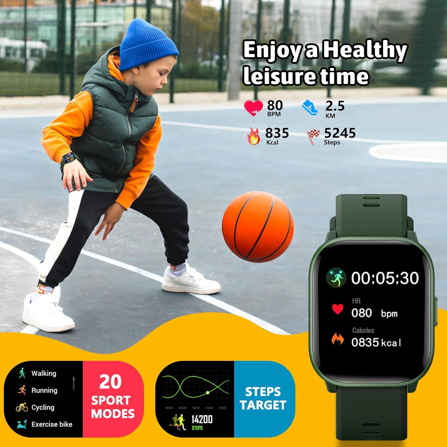 Montre intelligente pour enfants, montre pour enfants, filles, garçons, 20 modes sportifs, podomètre, moniteur de sommeil, montre de sport pour enfants, cadeau d'anniversaire pour filles et garçons – Image 4