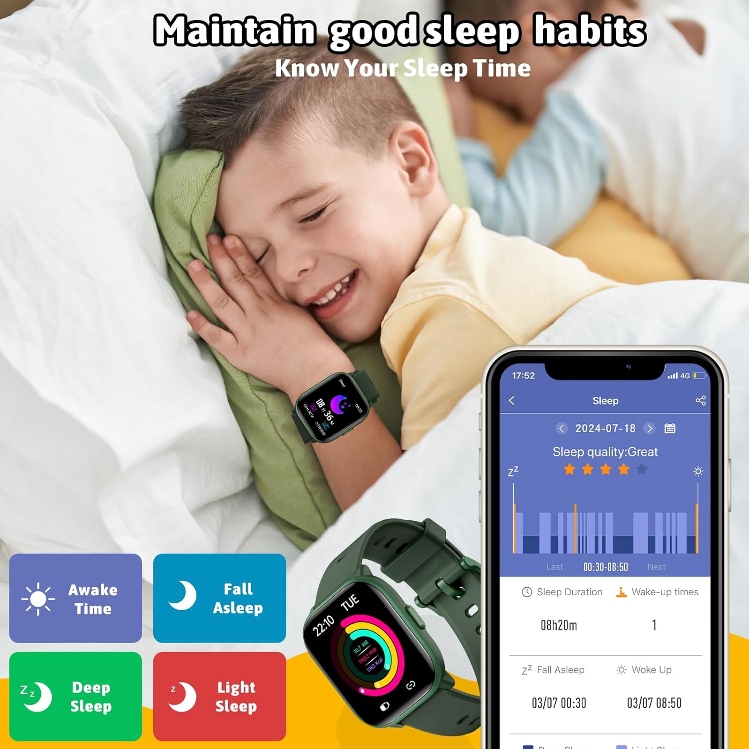Montre intelligente pour enfants, montre pour enfants, filles, garçons, 20 modes sportifs, podomètre, moniteur de sommeil, montre de sport pour enfants, cadeau d'anniversaire pour filles et garçons – Image 6