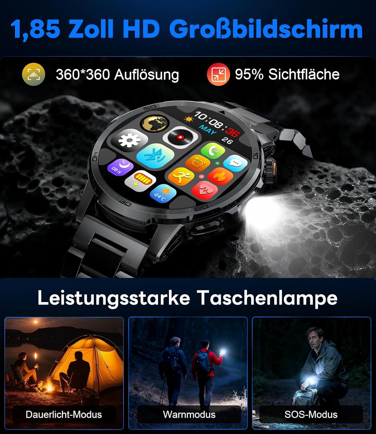 Montre Connectée Homme avec 1000mAh, LED Torche, 1,85" Grand Écran Smartwatch avec Appel Bluetooth, 100+ Sportmodi, IP68 étanche, Fréquence Cardiaque, Moniteur de Sommeil pour iOS Android – Image 3