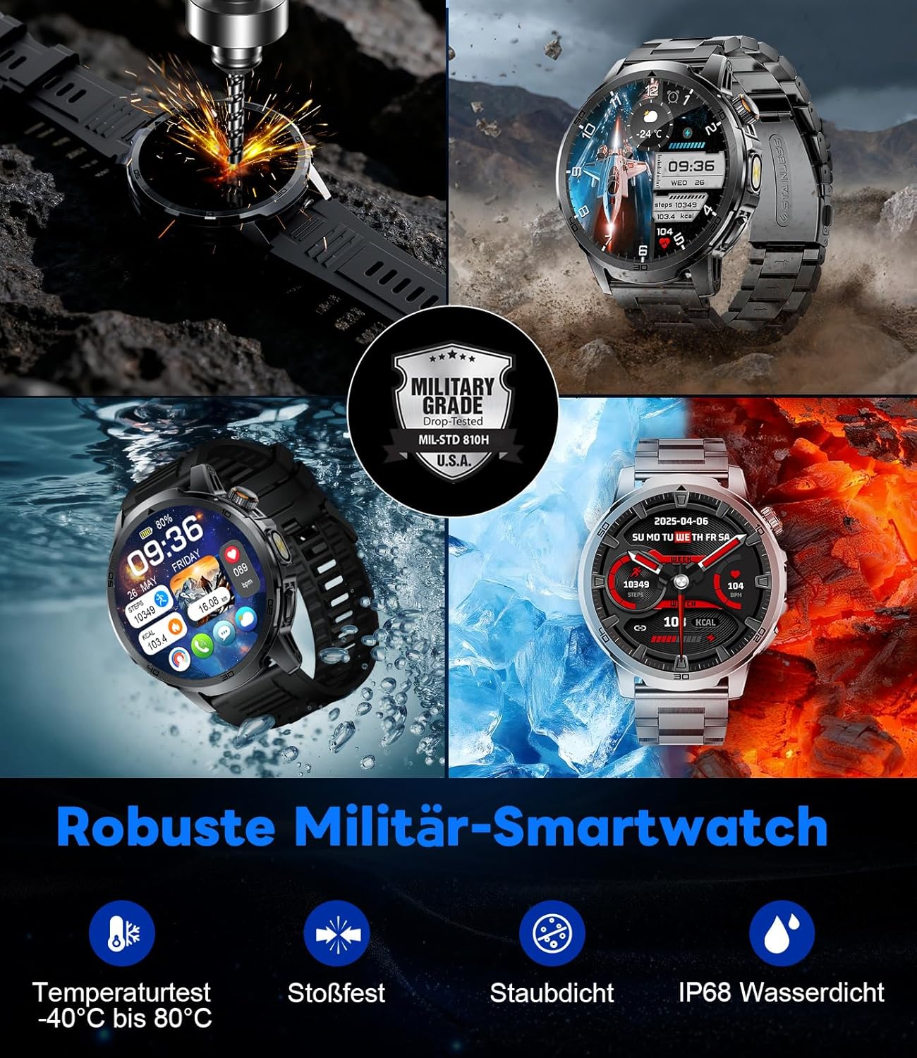 Montre Connectée Homme avec 1000mAh, LED Torche, 1,85" Grand Écran Smartwatch avec Appel Bluetooth, 100+ Sportmodi, IP68 étanche, Fréquence Cardiaque, Moniteur de Sommeil pour iOS Android – Image 4