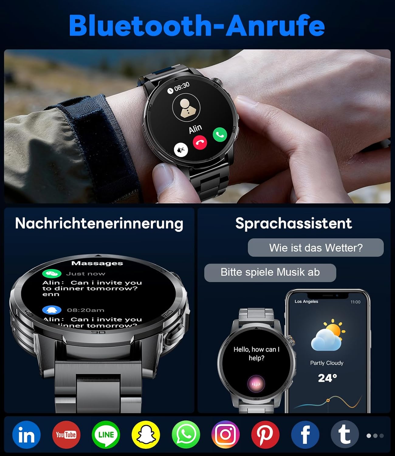 Montre Connectée Homme avec 1000mAh, LED Torche, 1,85" Grand Écran Smartwatch avec Appel Bluetooth, 100+ Sportmodi, IP68 étanche, Fréquence Cardiaque, Moniteur de Sommeil pour iOS Android – Image 5
