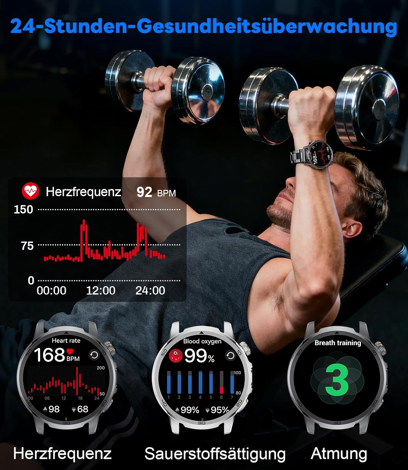 Montre Connectée Homme avec 1000mAh, LED Torche, 1,85" Grand Écran Smartwatch avec Appel Bluetooth, 100+ Sportmodi, IP68 étanche, Fréquence Cardiaque, Moniteur de Sommeil pour iOS Android – Image 6