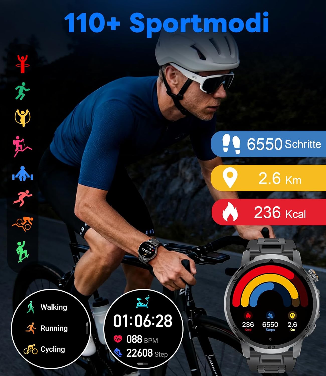 Montre Connectée Homme avec 1000mAh, LED Torche, 1,85" Grand Écran Smartwatch avec Appel Bluetooth, 100+ Sportmodi, IP68 étanche, Fréquence Cardiaque, Moniteur de Sommeil pour iOS Android – Image 7