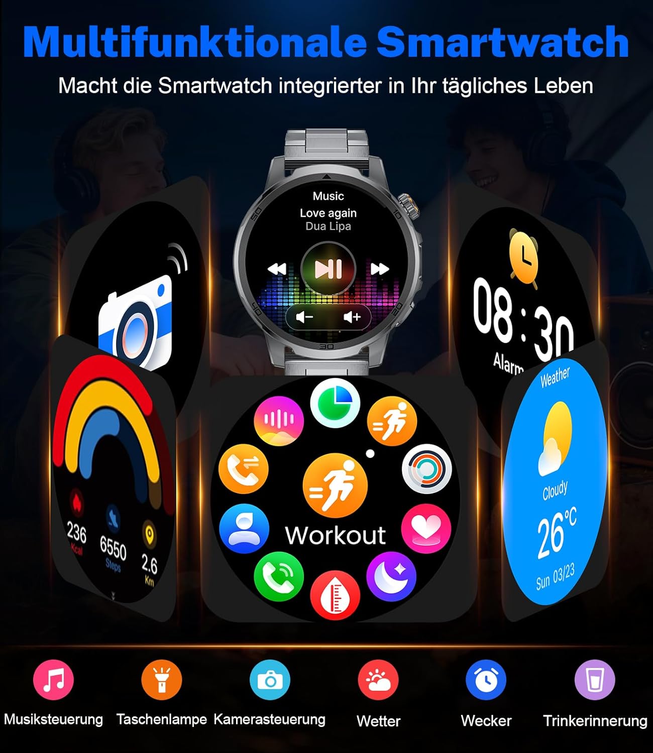 Montre Connectée Homme avec 1000mAh, LED Torche, 1,85" Grand Écran Smartwatch avec Appel Bluetooth, 100+ Sportmodi, IP68 étanche, Fréquence Cardiaque, Moniteur de Sommeil pour iOS Android – Image 10