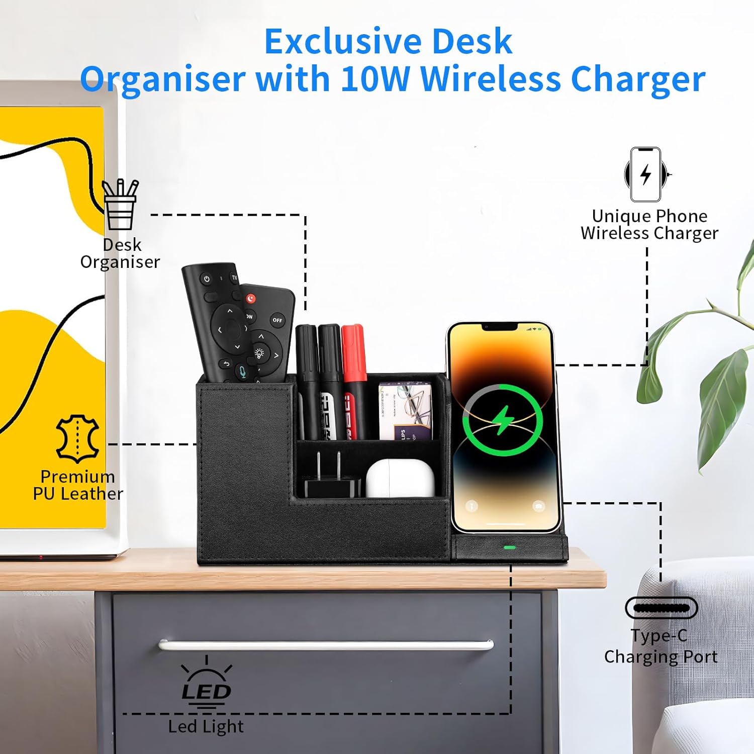GORESE Organiseur de bureau 2 en 1 avec chargeur sans fil rapide, fournitures de bureau, station de charge inductive 10 W pour iPhone 15 14 13 12 Pro Max Samsung Galaxy S23/S22/S21/S20/S9 – Image 4