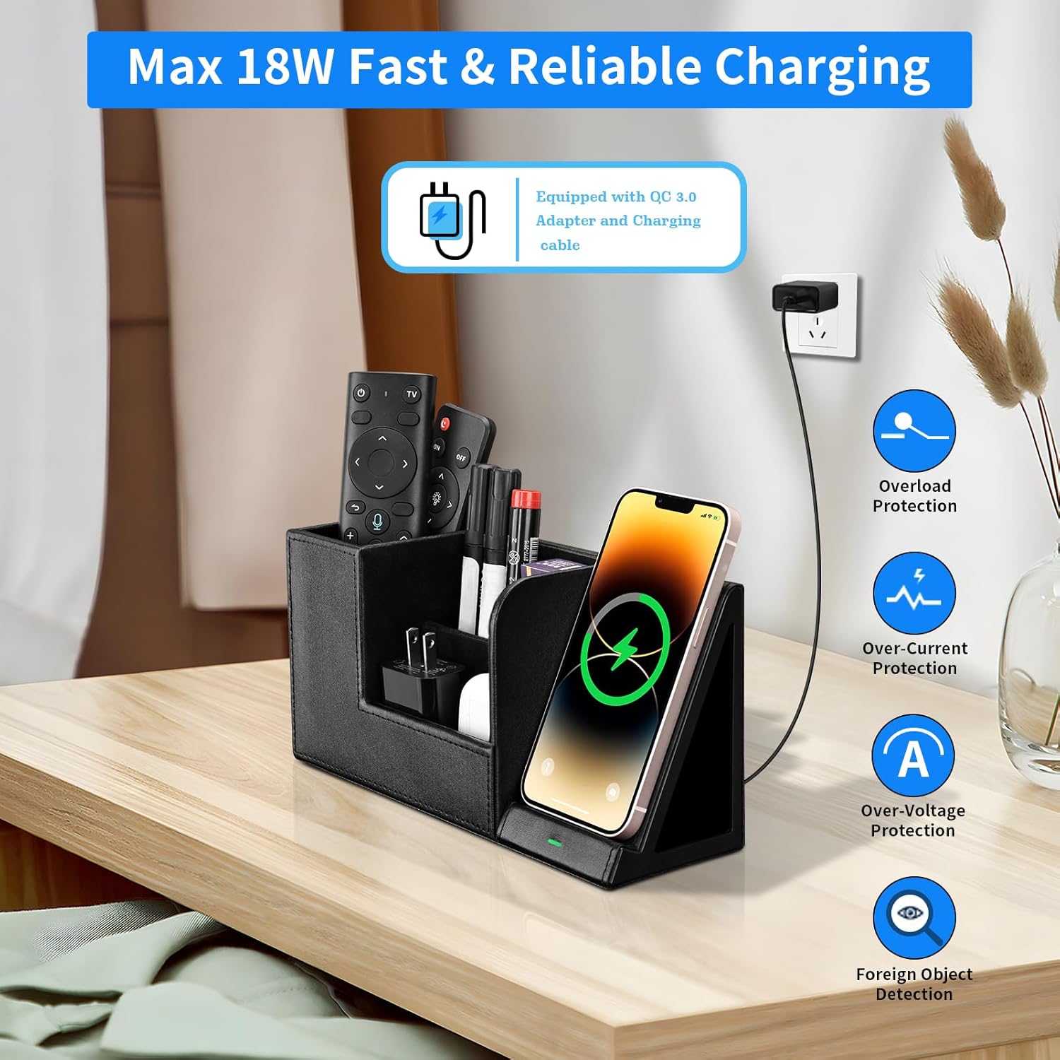 GORESE Organiseur de bureau 2 en 1 avec chargeur sans fil rapide, fournitures de bureau, station de charge inductive 10 W pour iPhone 15 14 13 12 Pro Max Samsung Galaxy S23/S22/S21/S20/S9 – Image 5