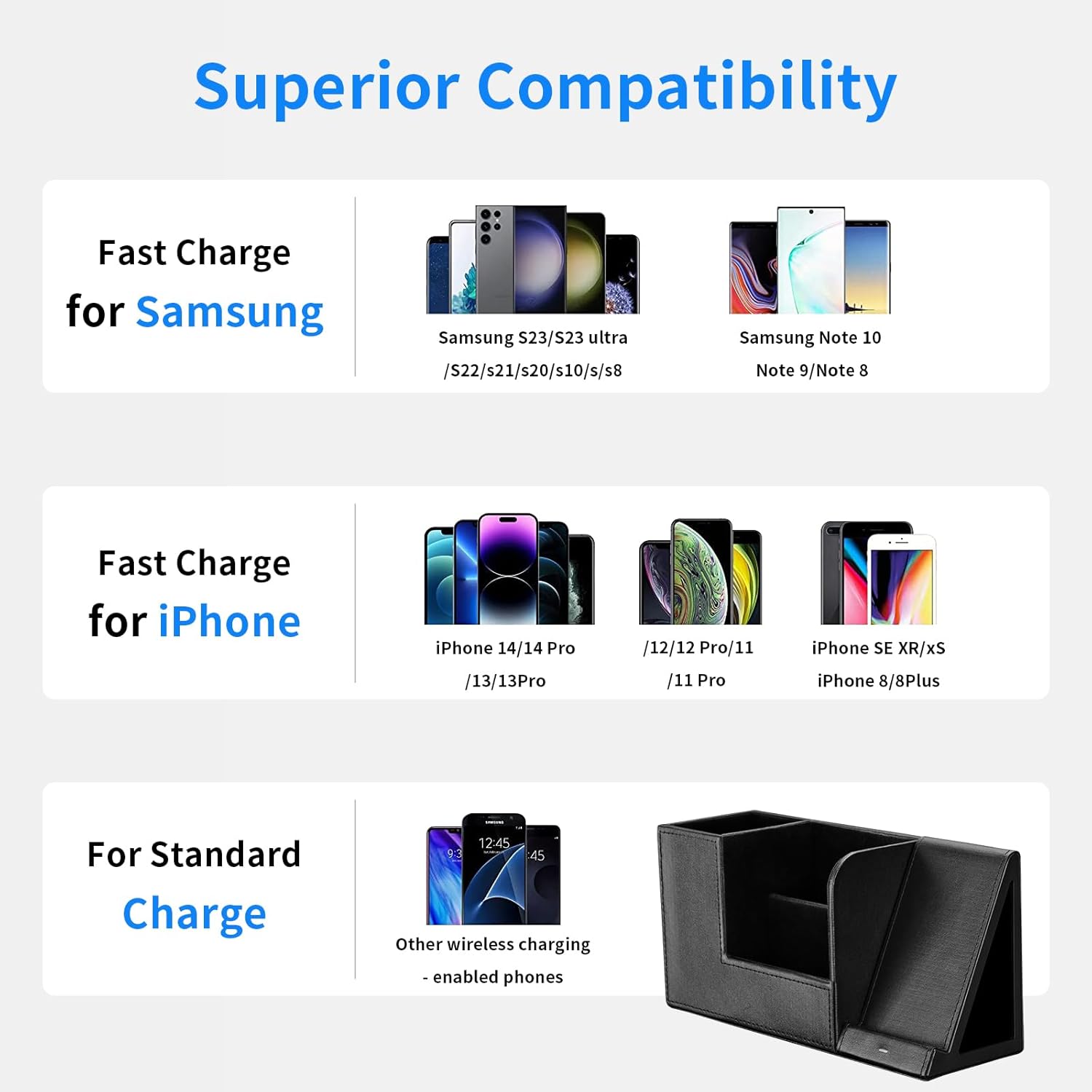 GORESE Organiseur de bureau 2 en 1 avec chargeur sans fil rapide, fournitures de bureau, station de charge inductive 10 W pour iPhone 15 14 13 12 Pro Max Samsung Galaxy S23/S22/S21/S20/S9 – Image 6