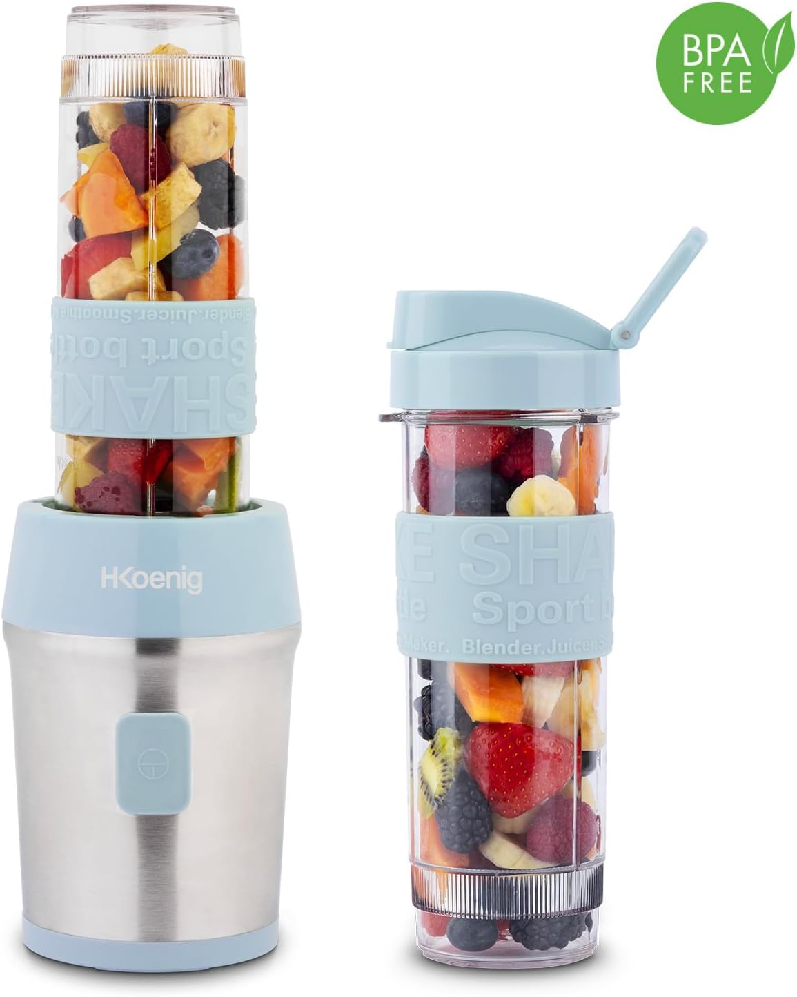 H.Koenig SMOO16 Mini Blender/Smoothie/Blender - 570 ml, 300 W, 4 mixeurs en acier inoxydable, sans BPA, 2 bouteilles portables avec couvercles de voyage, bleu pastel – Image 9