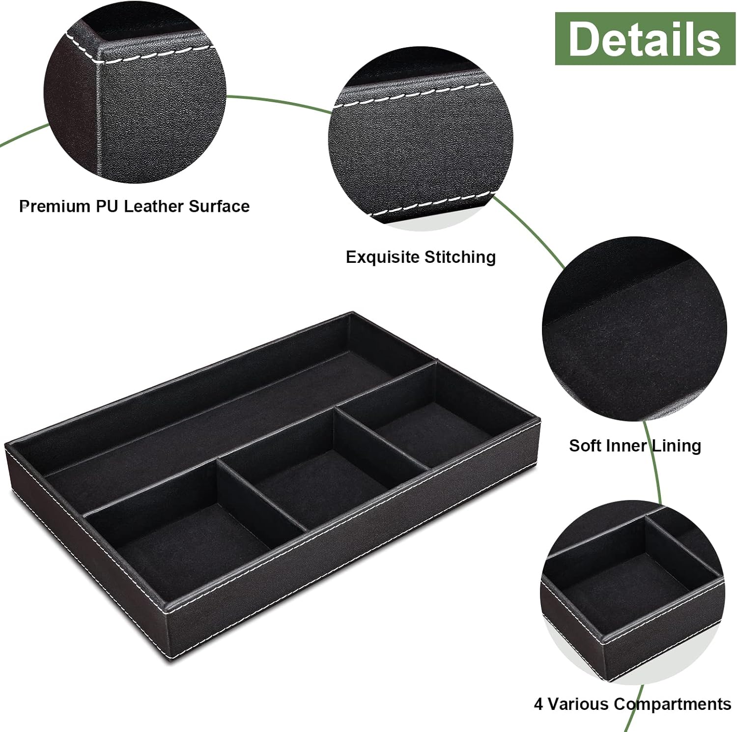 GORESE Plateau Vide Poche en Cuir, Organisateur de Tiroir Chevet et Bureau à 4 Compartiments, Boîte de Rangement Clés, Portefeuille, Téléphone, Montres, Bijoux, Argent, Boutons de Manchette (Noir) – Image 3