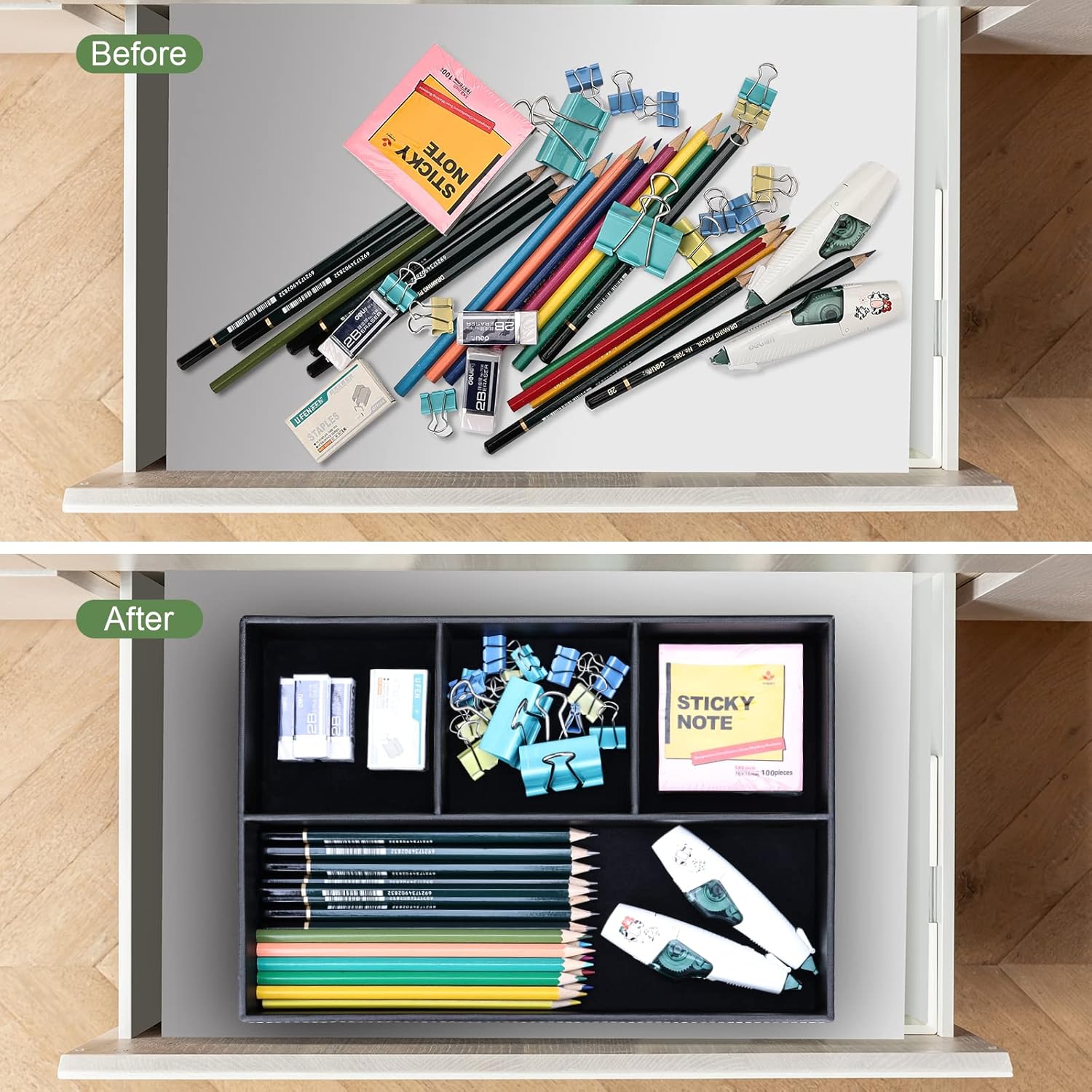 GORESE Plateau Vide Poche en Cuir, Organisateur de Tiroir Chevet et Bureau à 4 Compartiments, Boîte de Rangement Clés, Portefeuille, Téléphone, Montres, Bijoux, Argent, Boutons de Manchette (Noir) – Image 5