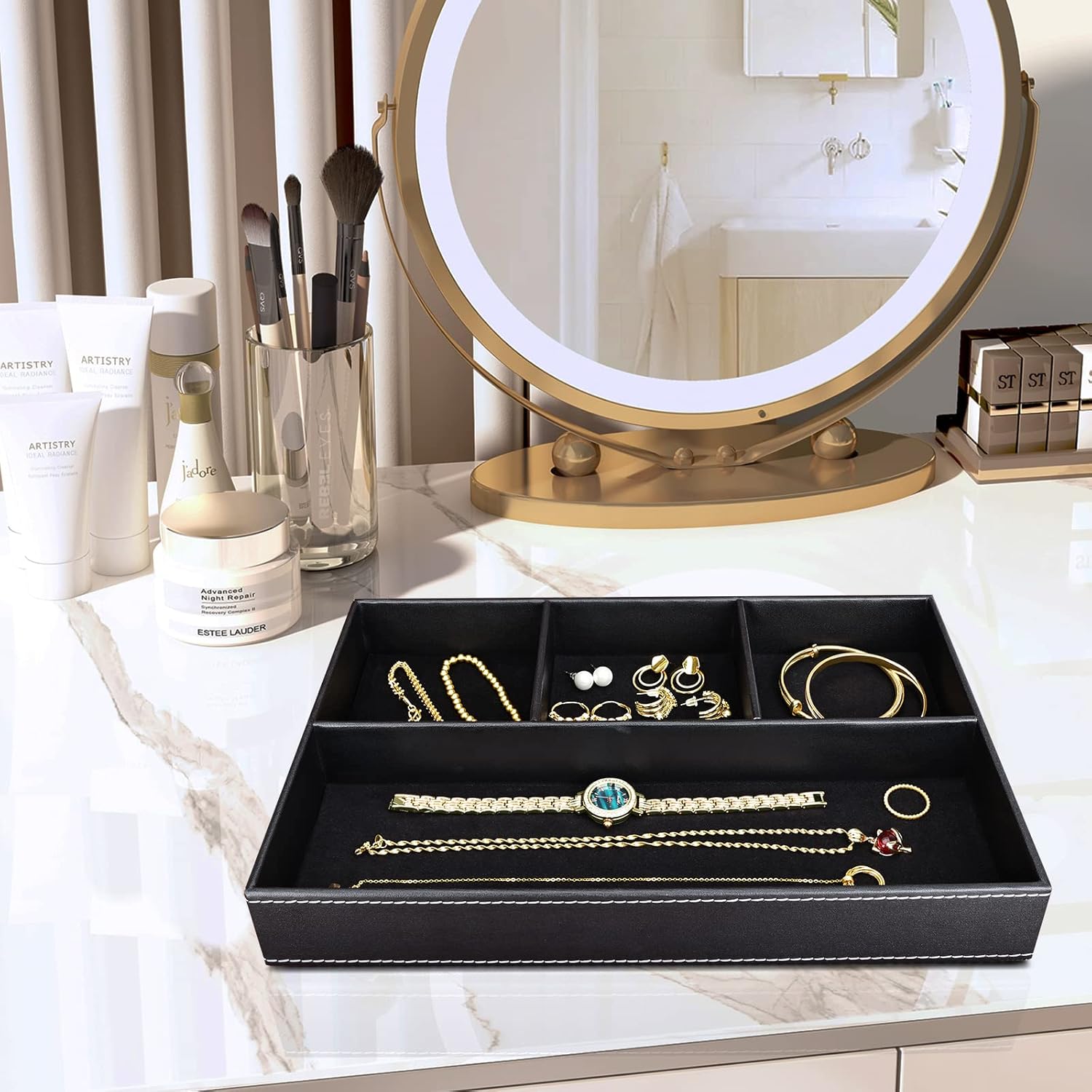 GORESE Plateau Vide Poche en Cuir, Organisateur de Tiroir Chevet et Bureau à 4 Compartiments, Boîte de Rangement Clés, Portefeuille, Téléphone, Montres, Bijoux, Argent, Boutons de Manchette (Noir) – Image 9