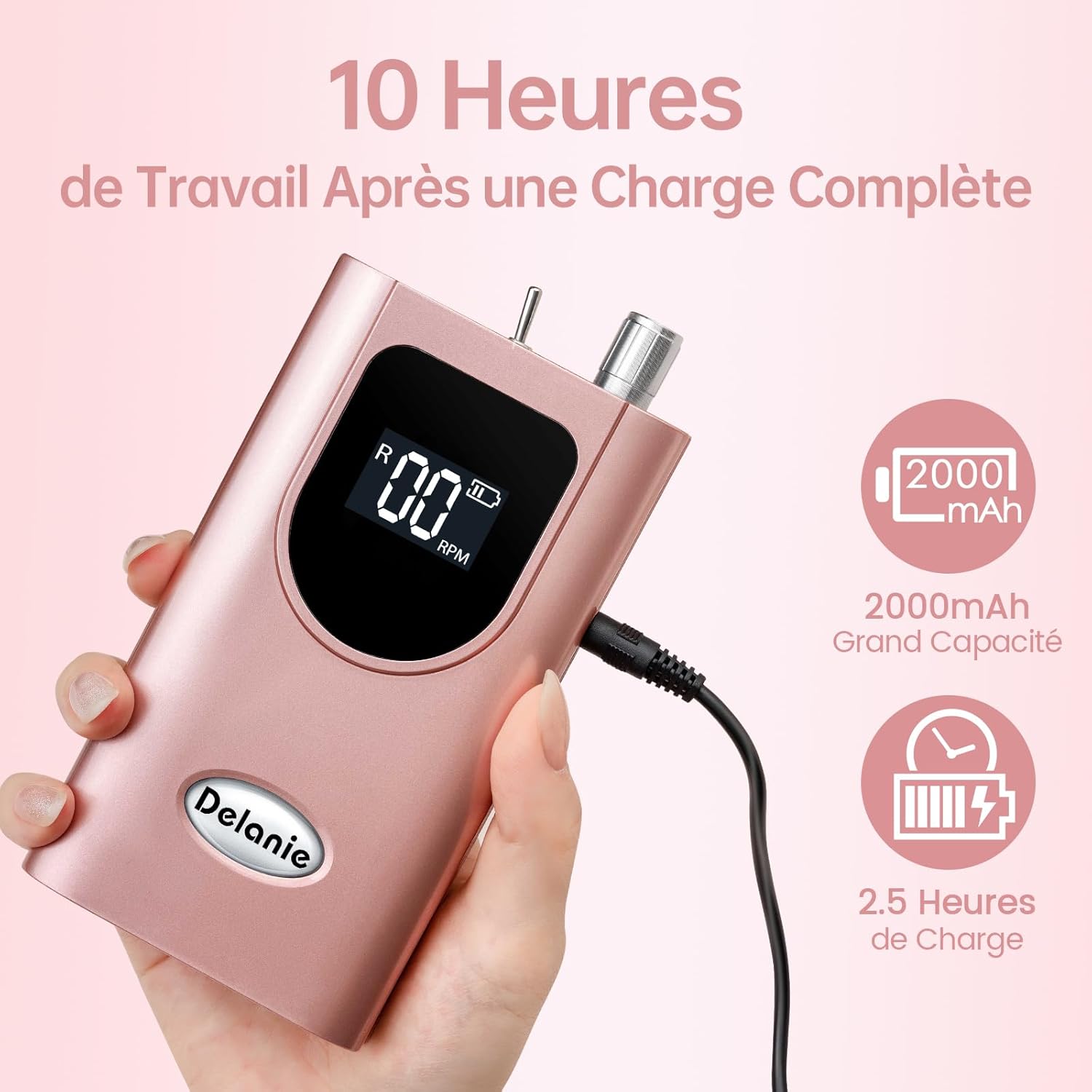 Delanie Ponceuse à ongles professionnelle 35 000 tr/min portable rechargeable avec écran LCD et 6 embouts de ponçage pour pédicure manucure, puissante, silencieuse pour salon/maison – Image 4