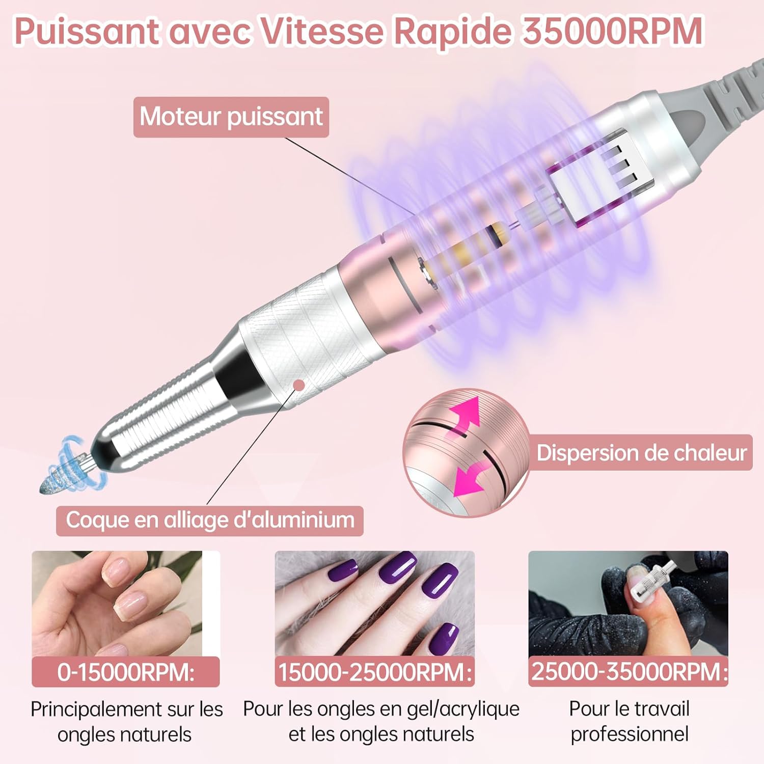 Delanie Ponceuse à ongles professionnelle 35 000 tr/min portable rechargeable avec écran LCD et 6 embouts de ponçage pour pédicure manucure, puissante, silencieuse pour salon/maison – Image 5