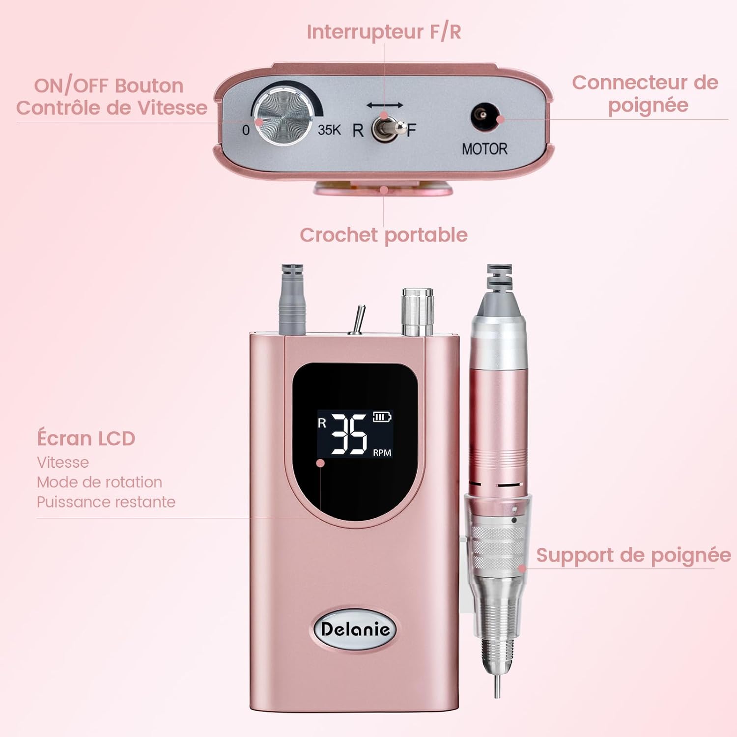 Delanie Ponceuse à ongles professionnelle 35 000 tr/min portable rechargeable avec écran LCD et 6 embouts de ponçage pour pédicure manucure, puissante, silencieuse pour salon/maison – Image 6