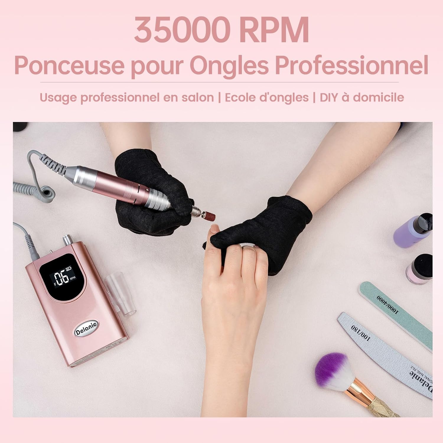 Delanie Ponceuse à ongles professionnelle 35 000 tr/min portable rechargeable avec écran LCD et 6 embouts de ponçage pour pédicure manucure, puissante, silencieuse pour salon/maison – Image 7