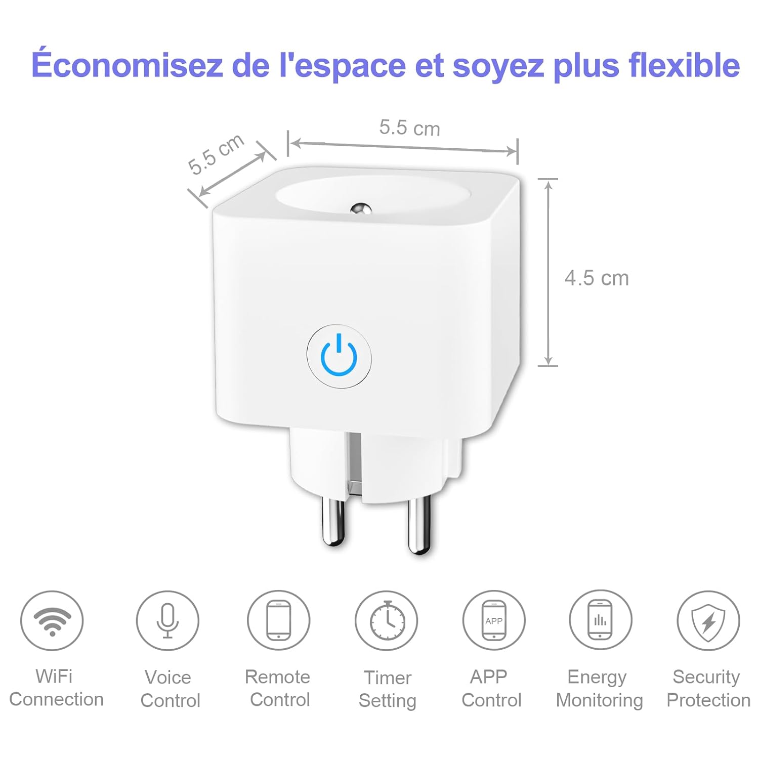 Prise connectée Alexa WiFi (FR) 16A Tracker de consommation d'énergie Type E ANTELA Prise intelligente compatible avec Google Home, application Smart Life, minuterie, 4 pièces – Image 6
