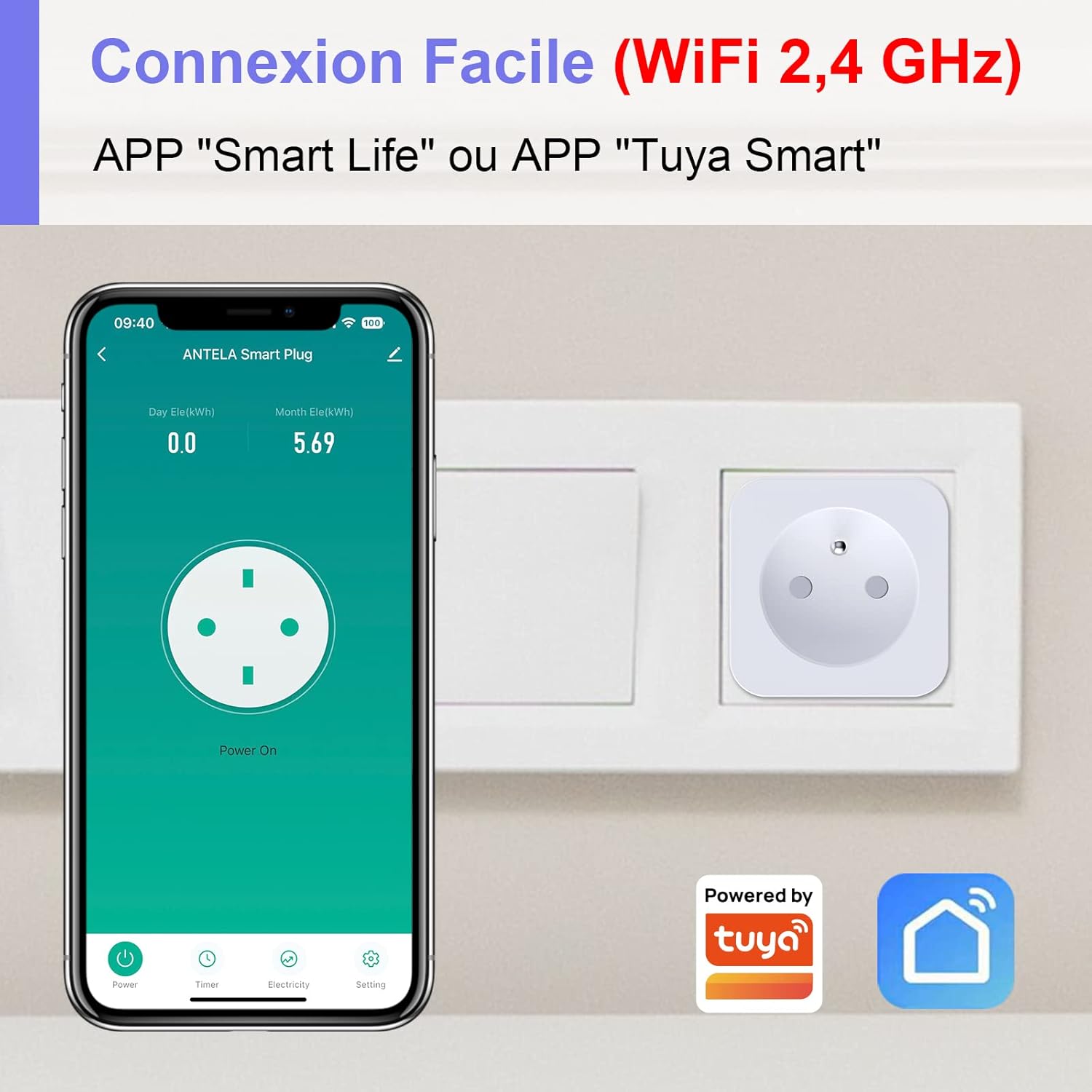 Prise connectée Alexa WiFi (FR) 16A Tracker de consommation d'énergie Type E ANTELA Prise intelligente compatible avec Google Home, application Smart Life, minuterie, 4 pièces – Image 9