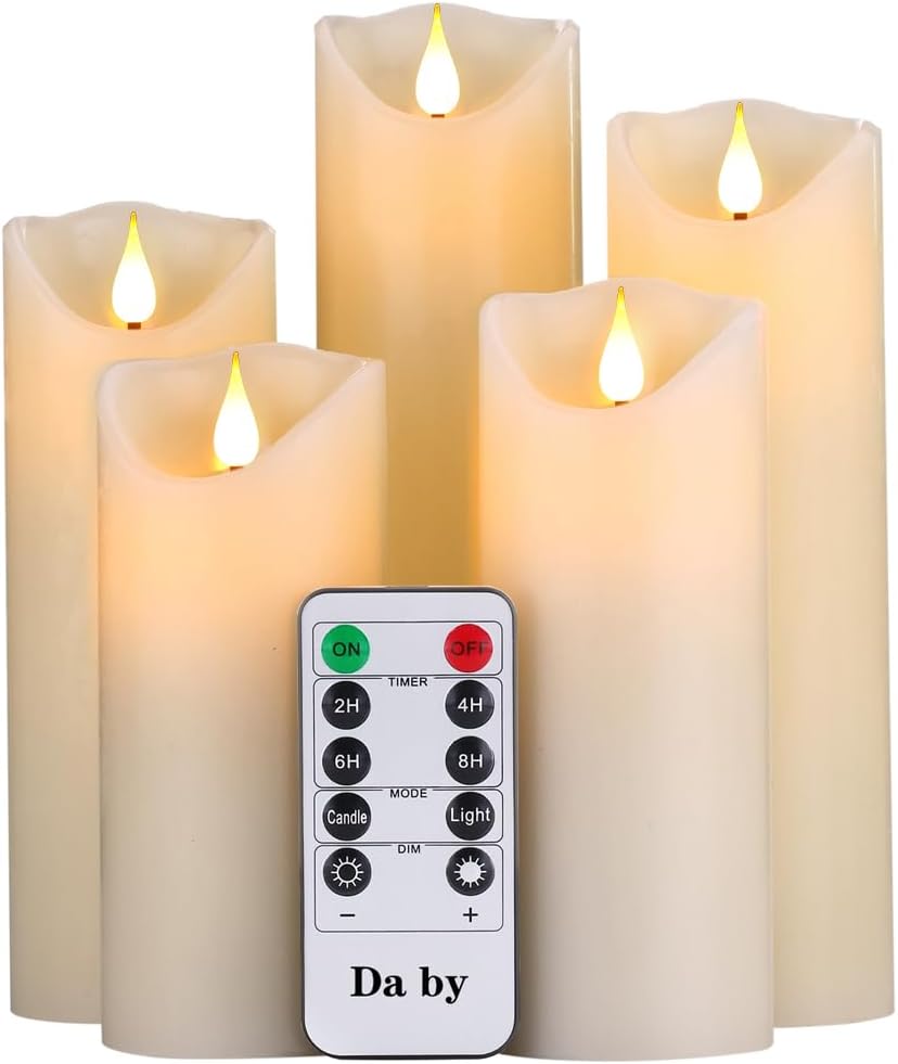 Da by LED Candles, lot de 5 bougies décoratives (14 cm, 15 cm, 16 cm, 18 cm, 20 cm), bougie sans flamme avec télécommande 10 touches. Flamme LED clignotante, faite de vraie cire – Image 2