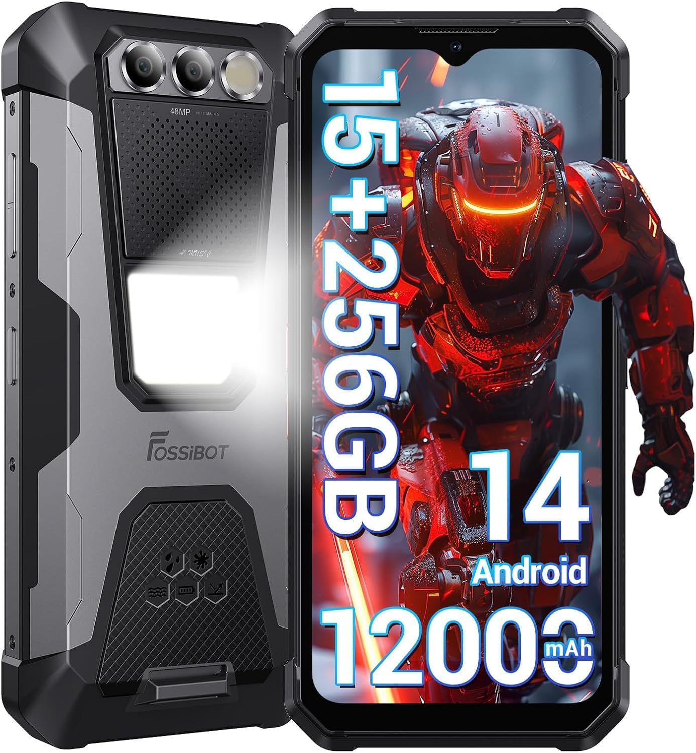 FOSSiBOT F106 Pro Téléphone portable incassable - Smartphone incassable 12 000 mAh/30 W, écran 6,58" FHD+ 15 Go + 256 Go, lampe de camp 512 lm, haut-parleur 110 dB, vision nocturne 48 MP + 20 MP, Android 14 (gris) – Image 2
