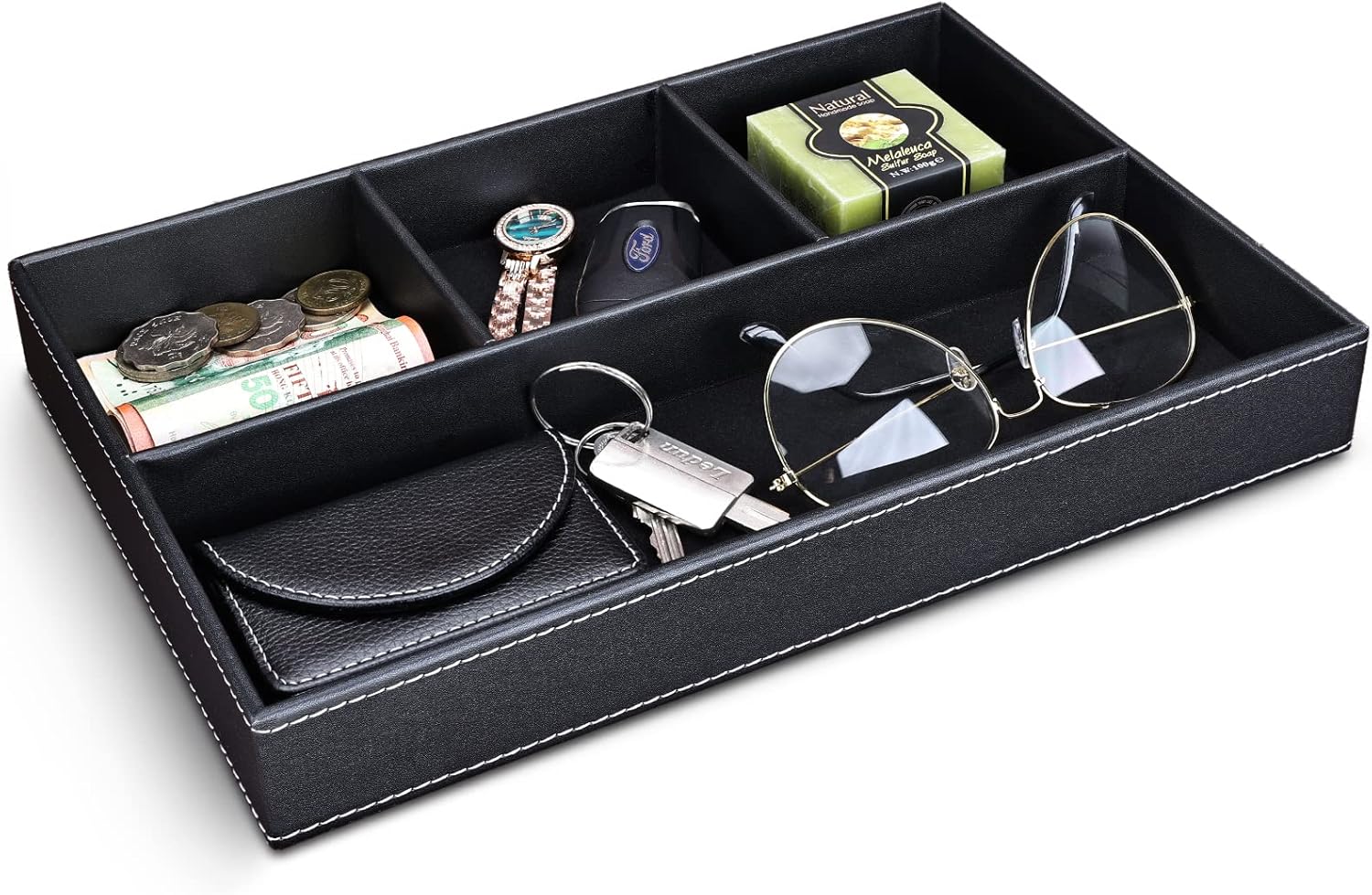 GORESE Plateau Vide Poche en Cuir, Organisateur de Tiroir Chevet et Bureau à 4 Compartiments, Boîte de Rangement Clés, Portefeuille, Téléphone, Montres, Bijoux, Argent, Boutons de Manchette (Noir) – Image 2