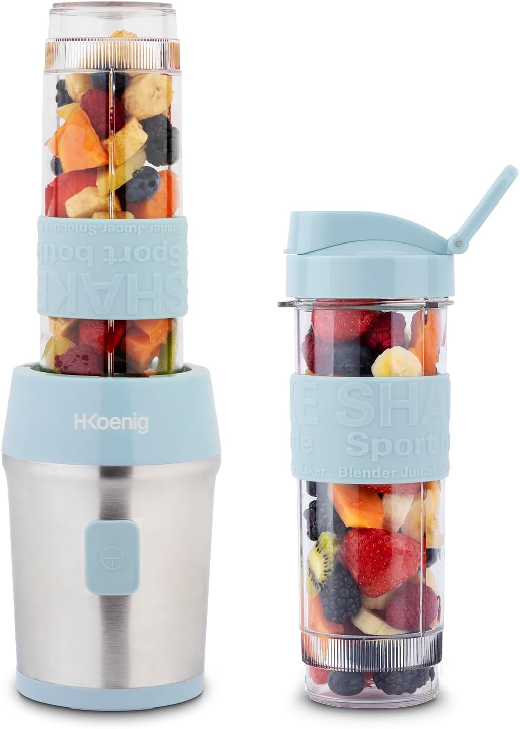 H.Koenig SMOO16 Mini Blender/Smoothie/Blender - 570 ml, 300 W, 4 mixeurs en acier inoxydable, sans BPA, 2 bouteilles portables avec couvercles de voyage, bleu pastel – Image 2